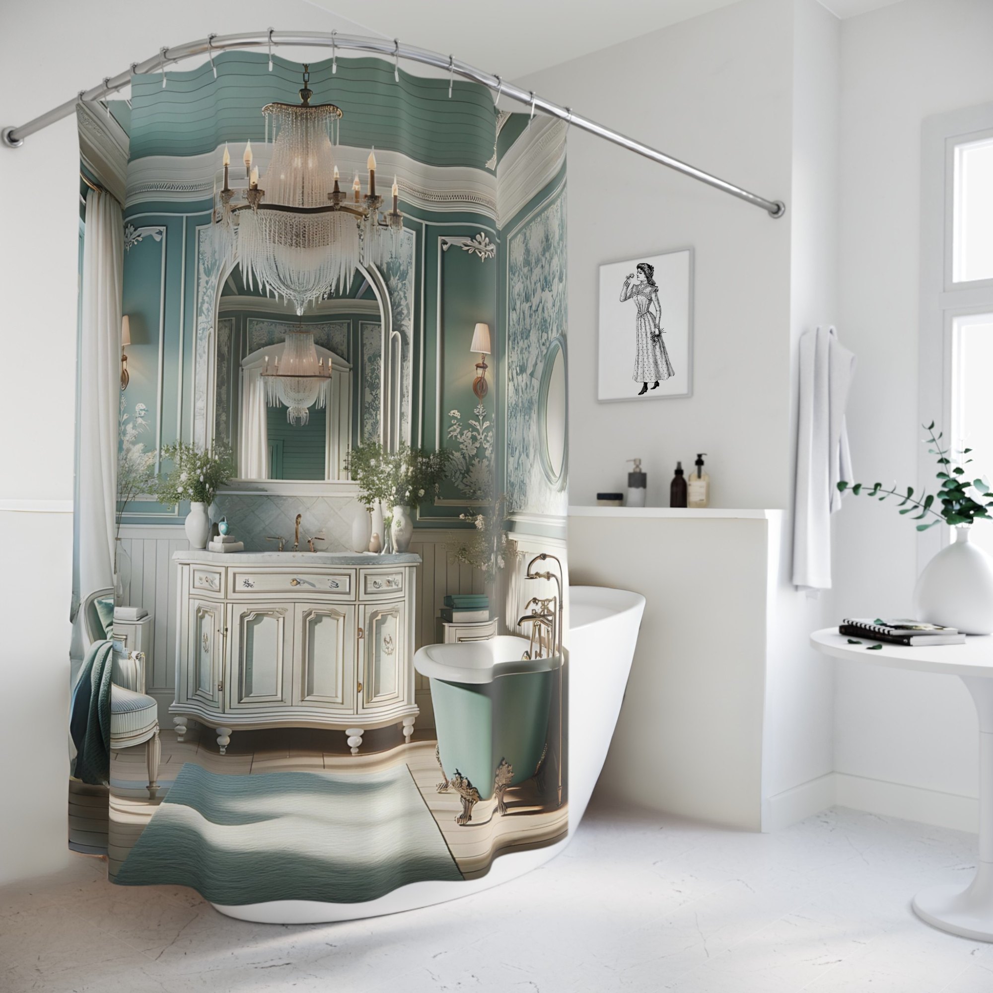 Teal French Country Bathroom – Elegant Vintage Shower Curtain