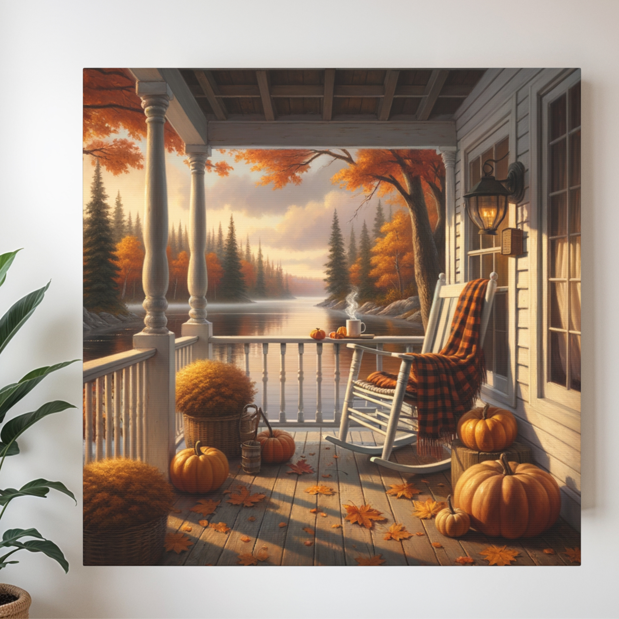 Autumn Porch View With Pumpkins and Lake – Cozy Fall Wall Art