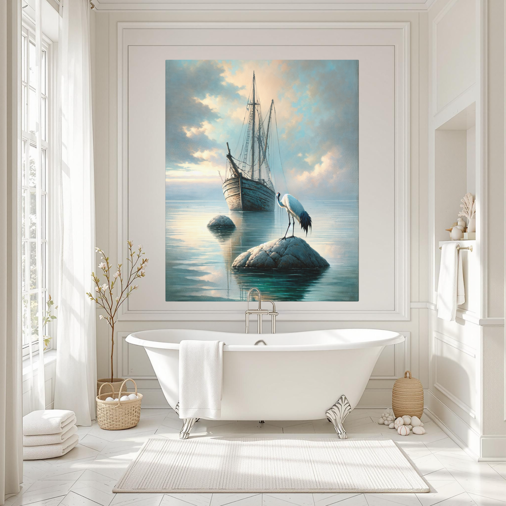 Sailing Ship With Crane in Morning Light – Coastal Serenity Wall Art