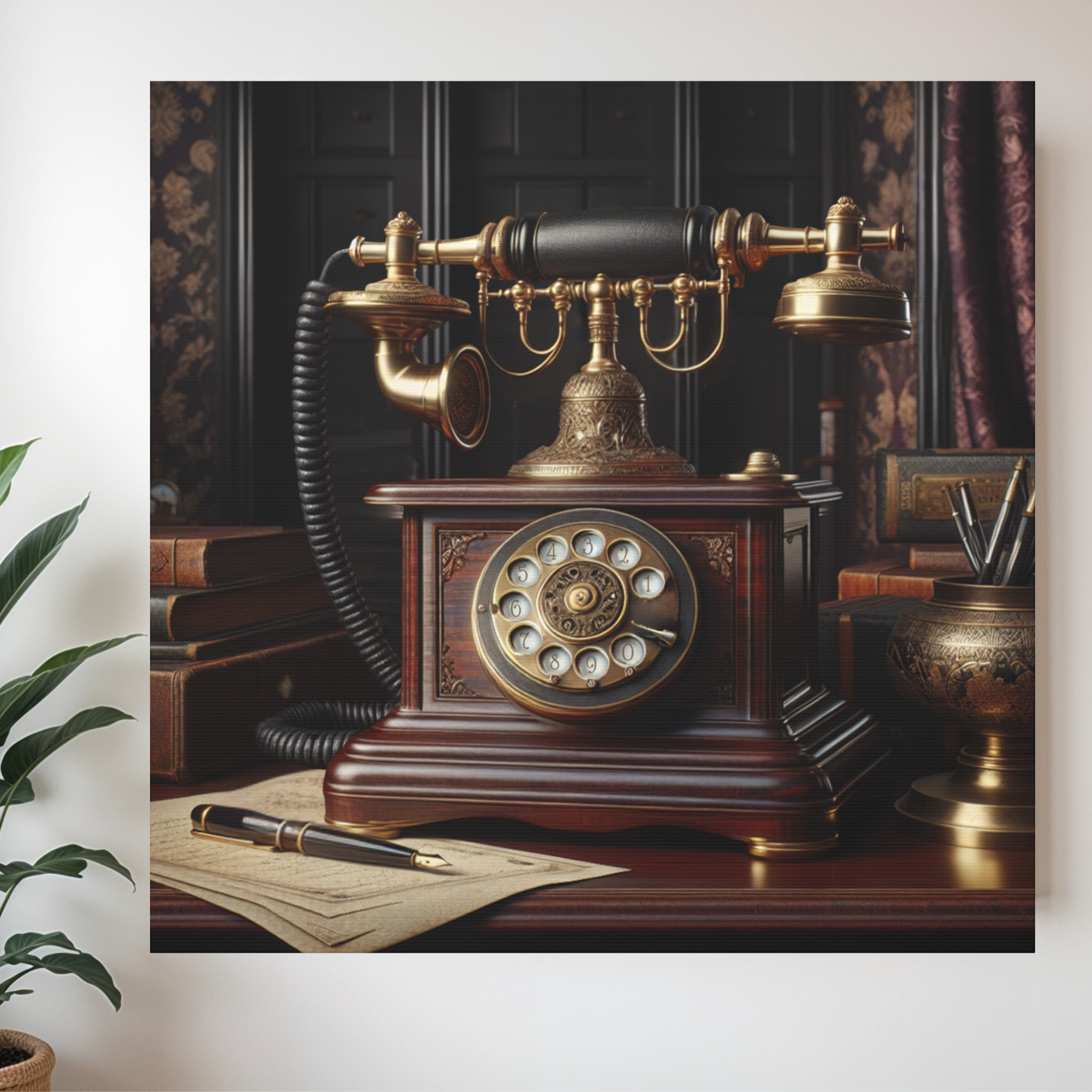 Antique Mahogany Telephone in Gentleman’s Study – Vintage Office Wall Art