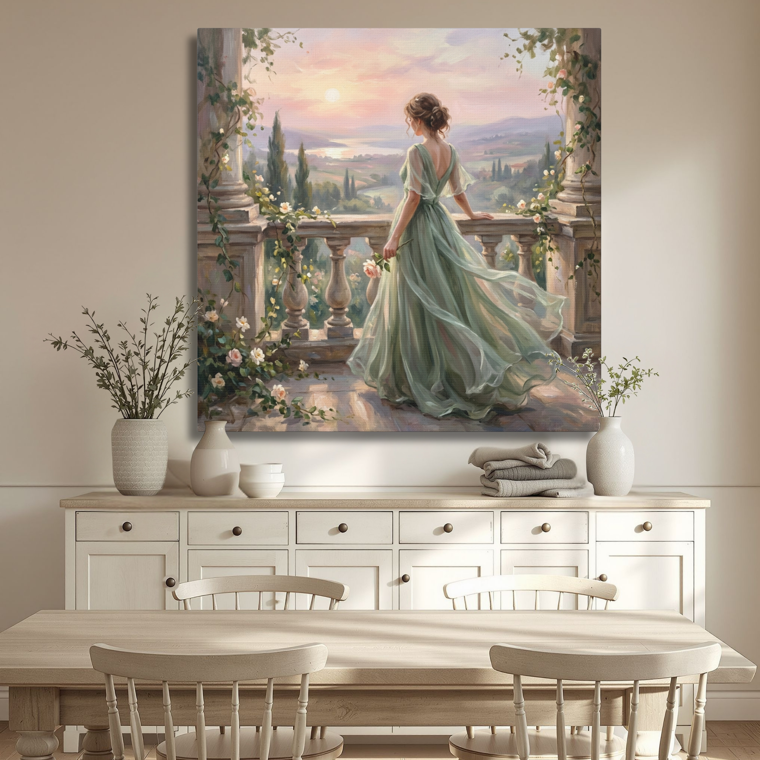 Romantic Balcony Sunset With Flowing Dress