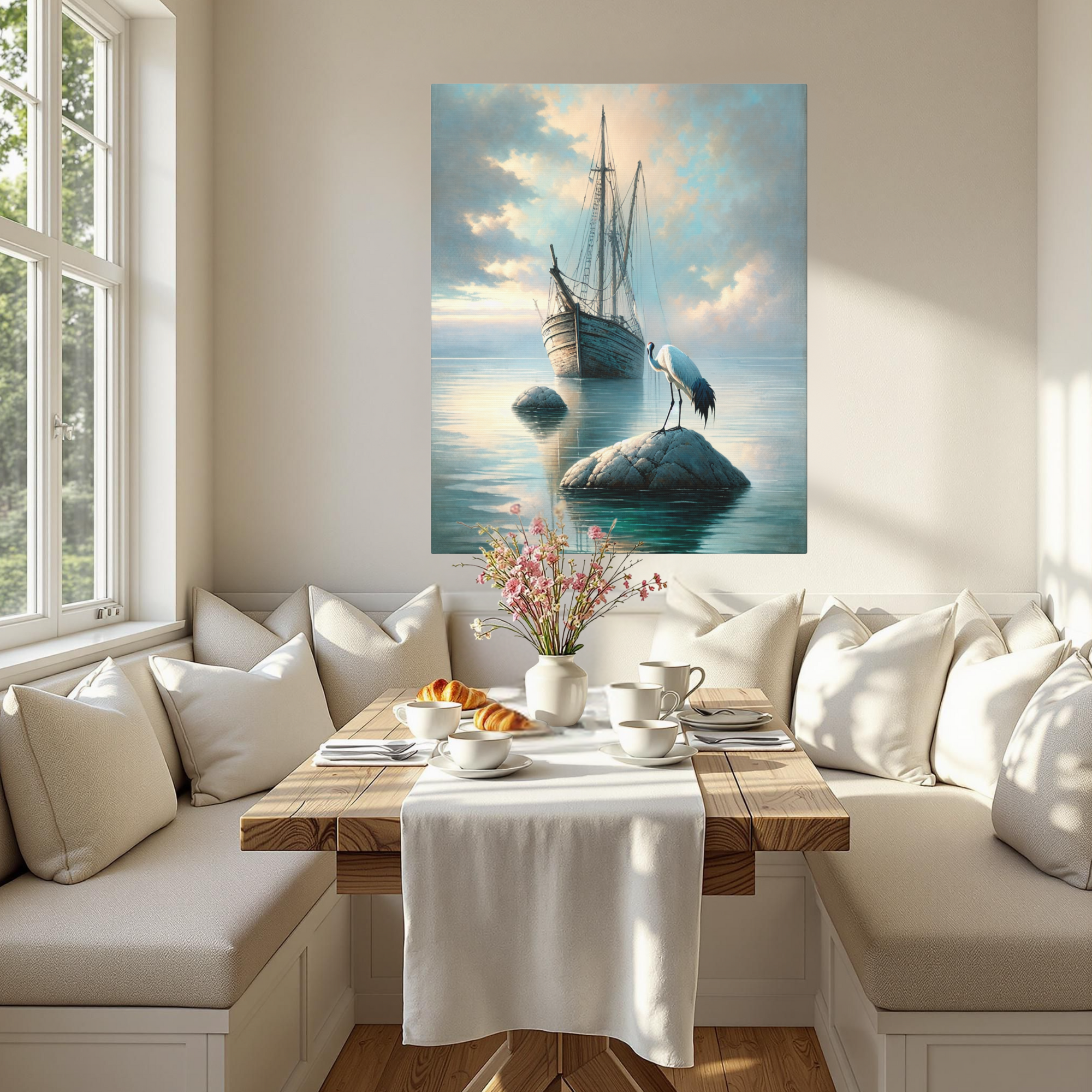 Sailing Ship With Crane in Morning Light – Coastal Serenity Wall Art