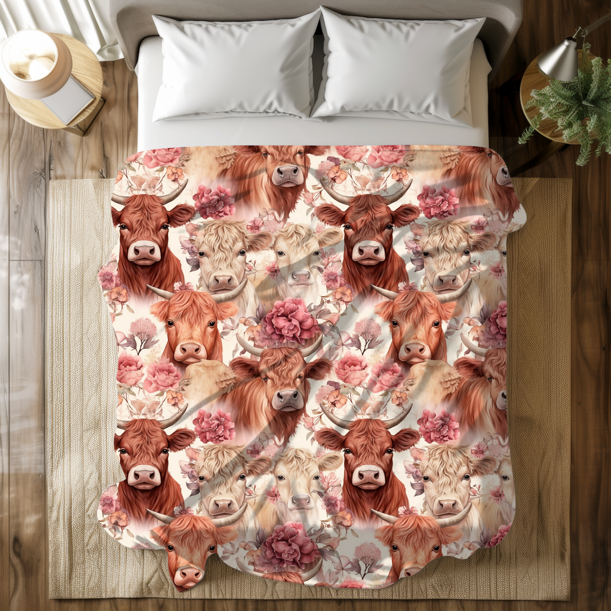 Floral Highland Cows – Farmhouse Velveteen Blanket