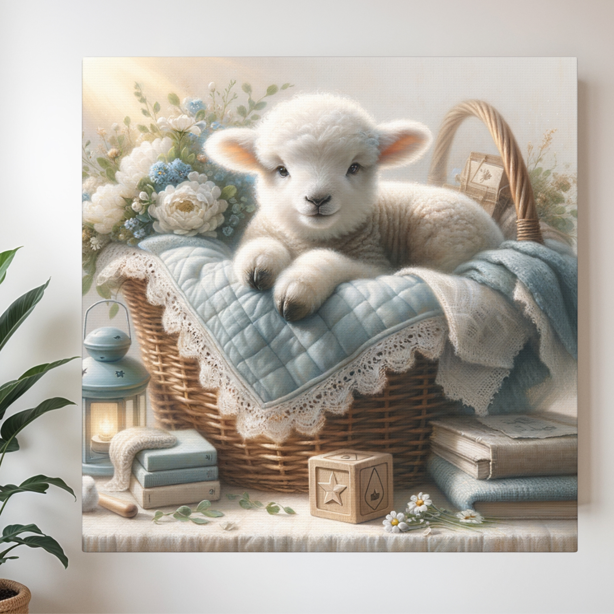 Sweet Baby Lamb in Blue Basket – Blue Nursery Wall Art