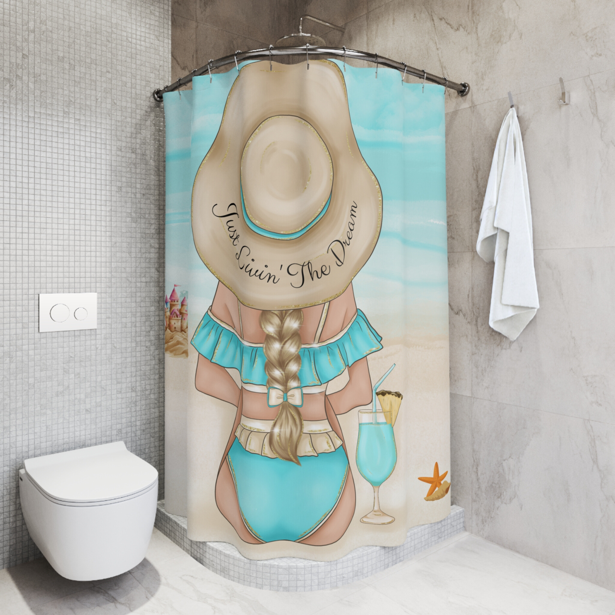 Beach Shower Curtain – Just Livin’ The Dream Coastal Bathroom Décor