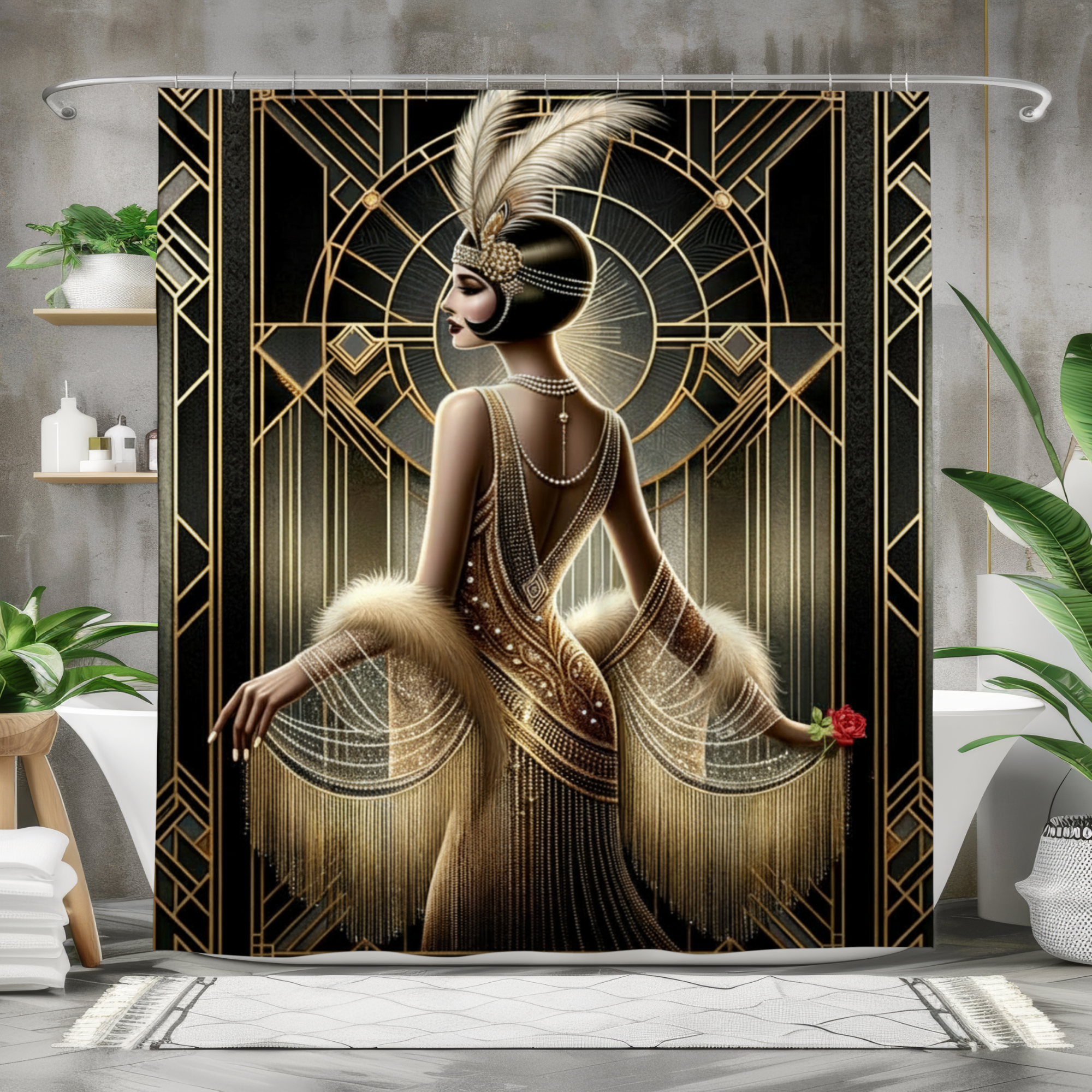 Gatsby Glamour in Gold – Art Deco Flapper Shower Curtain
