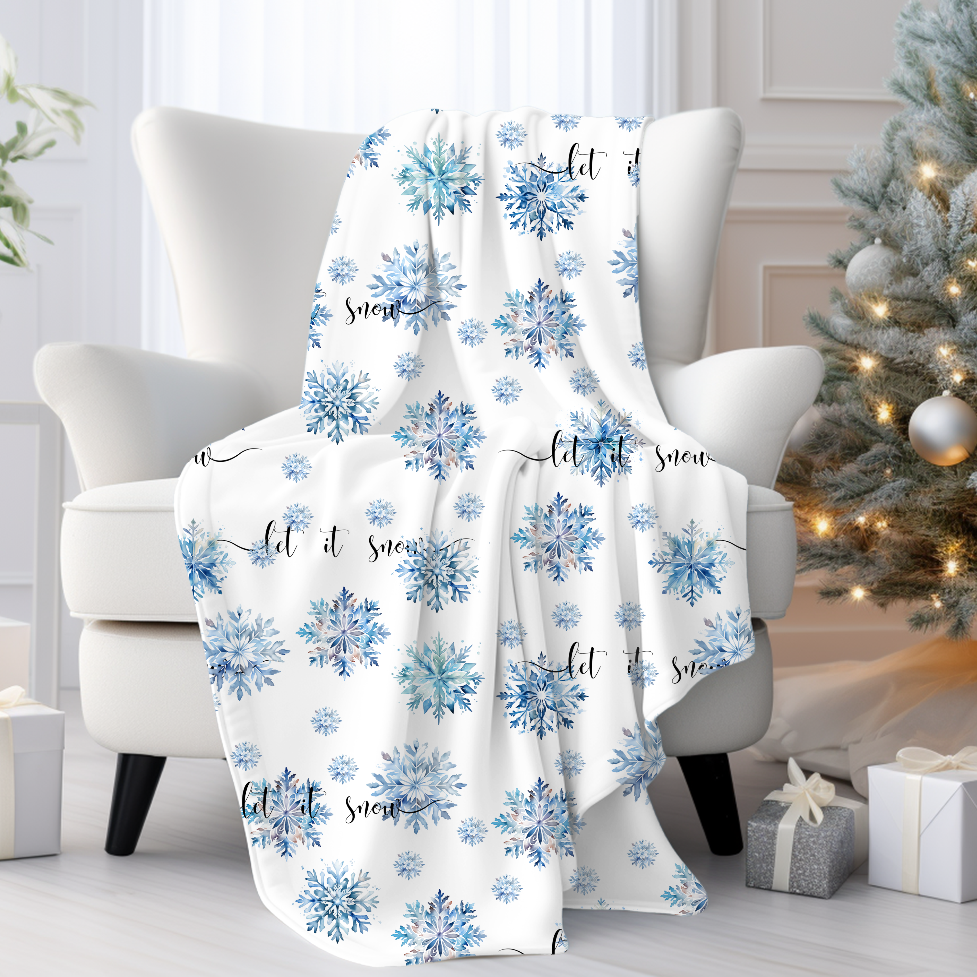 Let It Snow – Blue Snowflake Velveteen Blanket