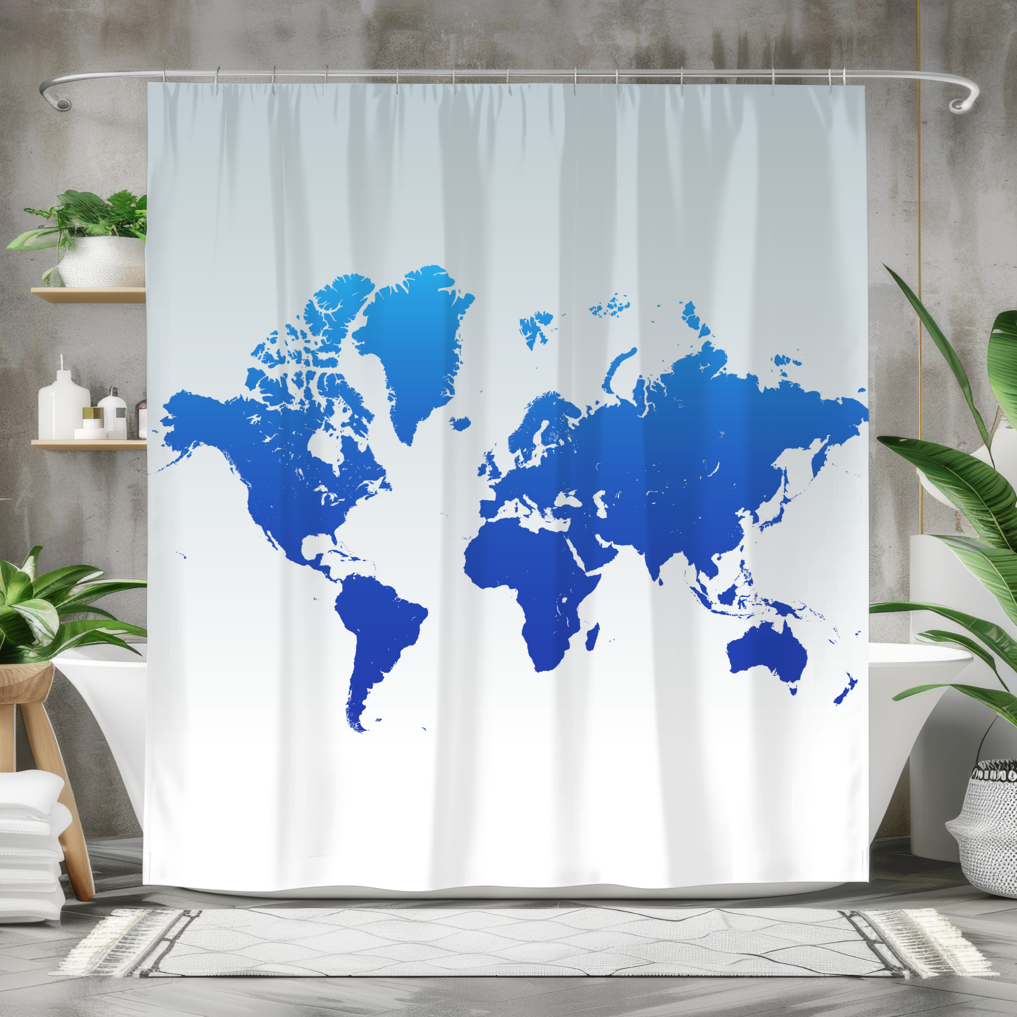World Map Shower Curtain Blue Minimalist
