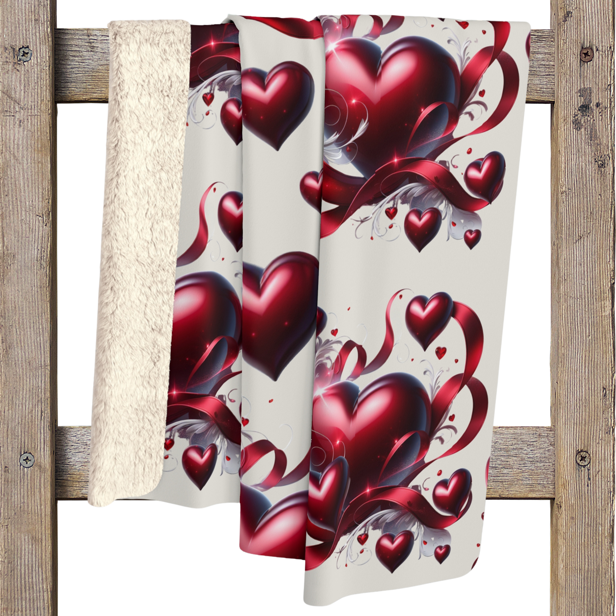 Crimson Hearts and Ribbons – Romantic Sherpa Blanket