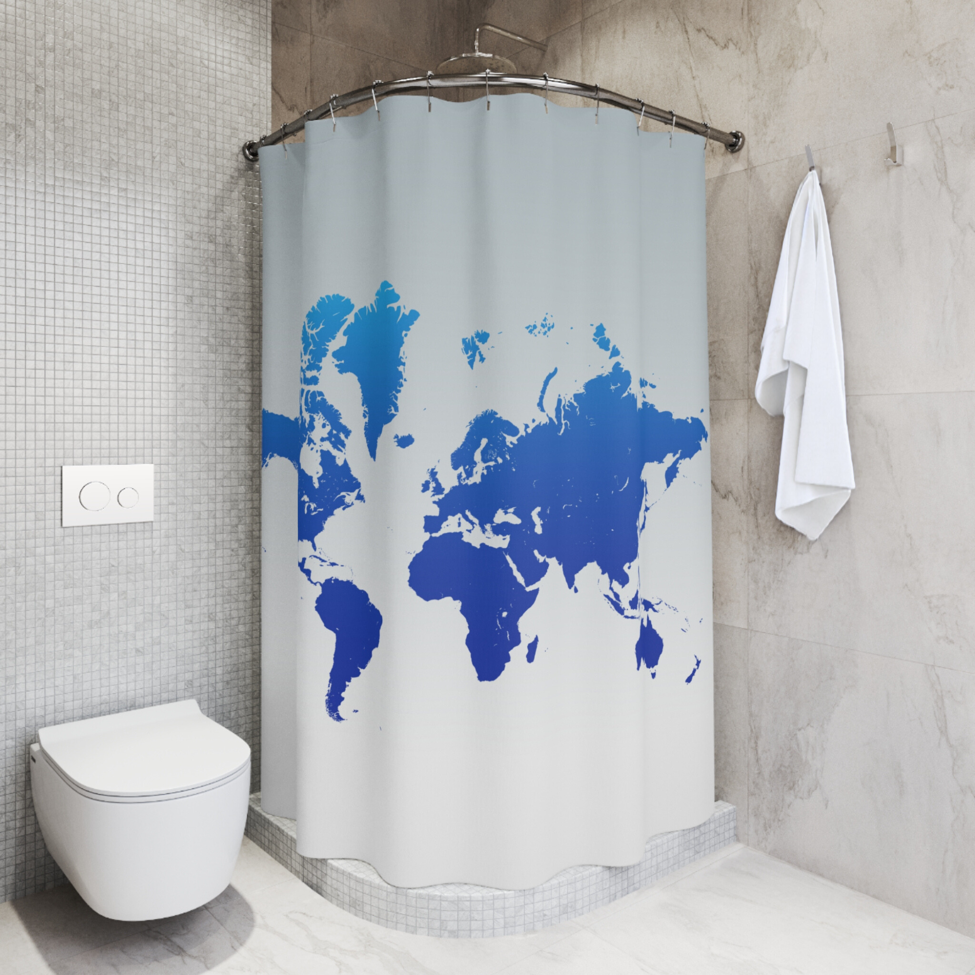 World Map Shower Curtain Blue Minimalist