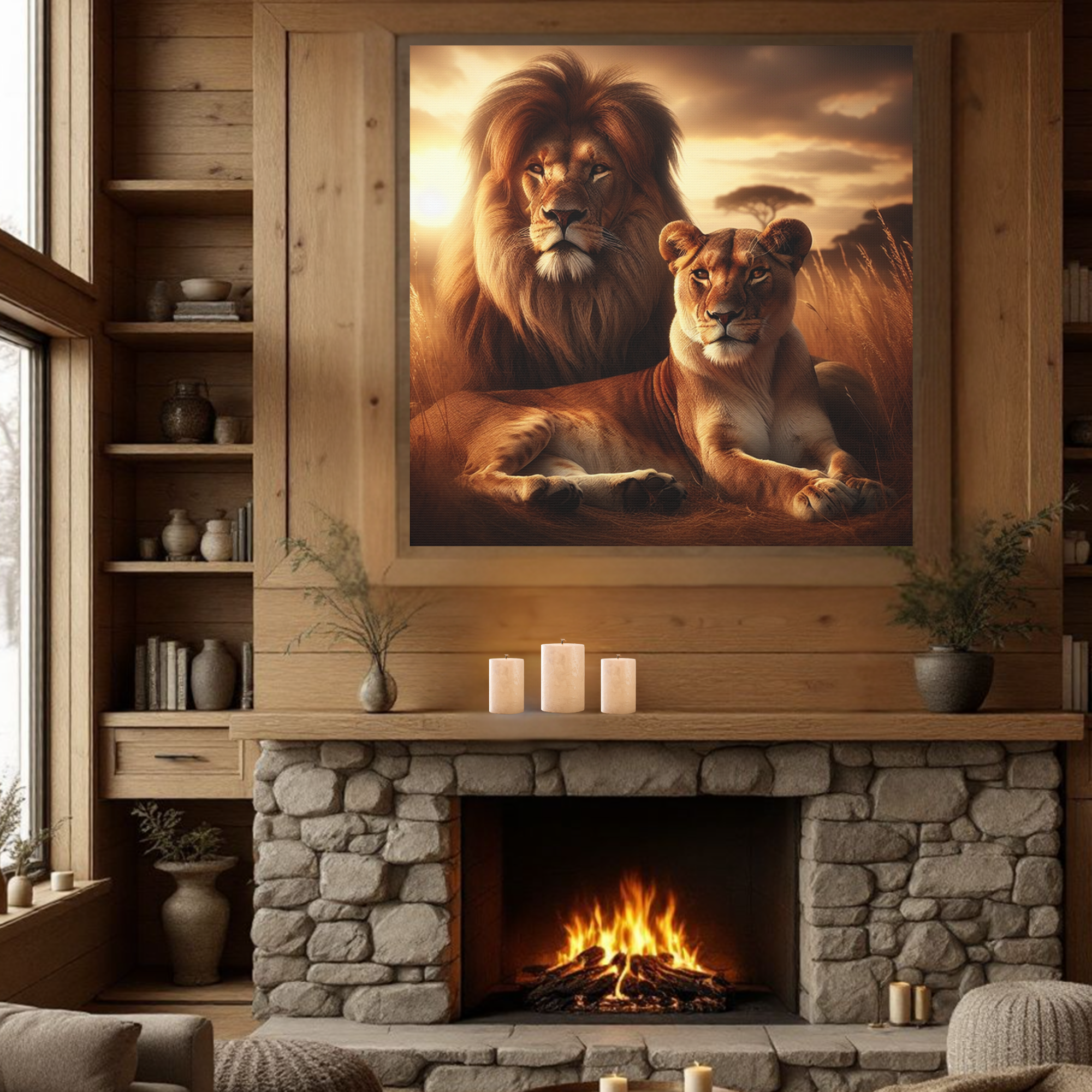 Lion and Lioness in Golden Savanna – Majestic Wildlife Wall Art