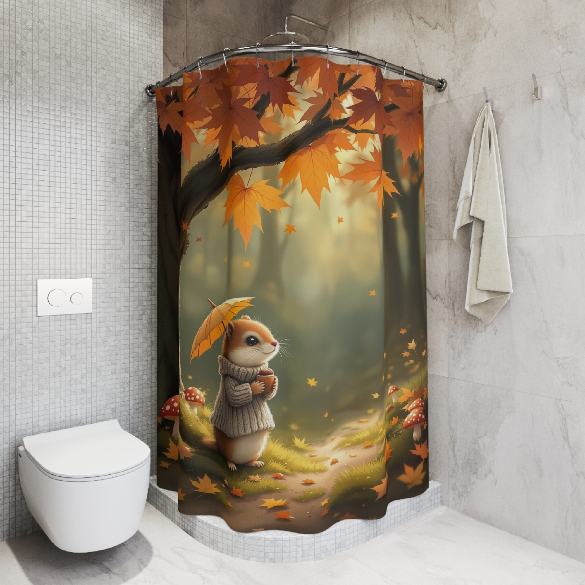 Autumn Chipmunk With Umbrella – Whimsical Fall Shower Curtain