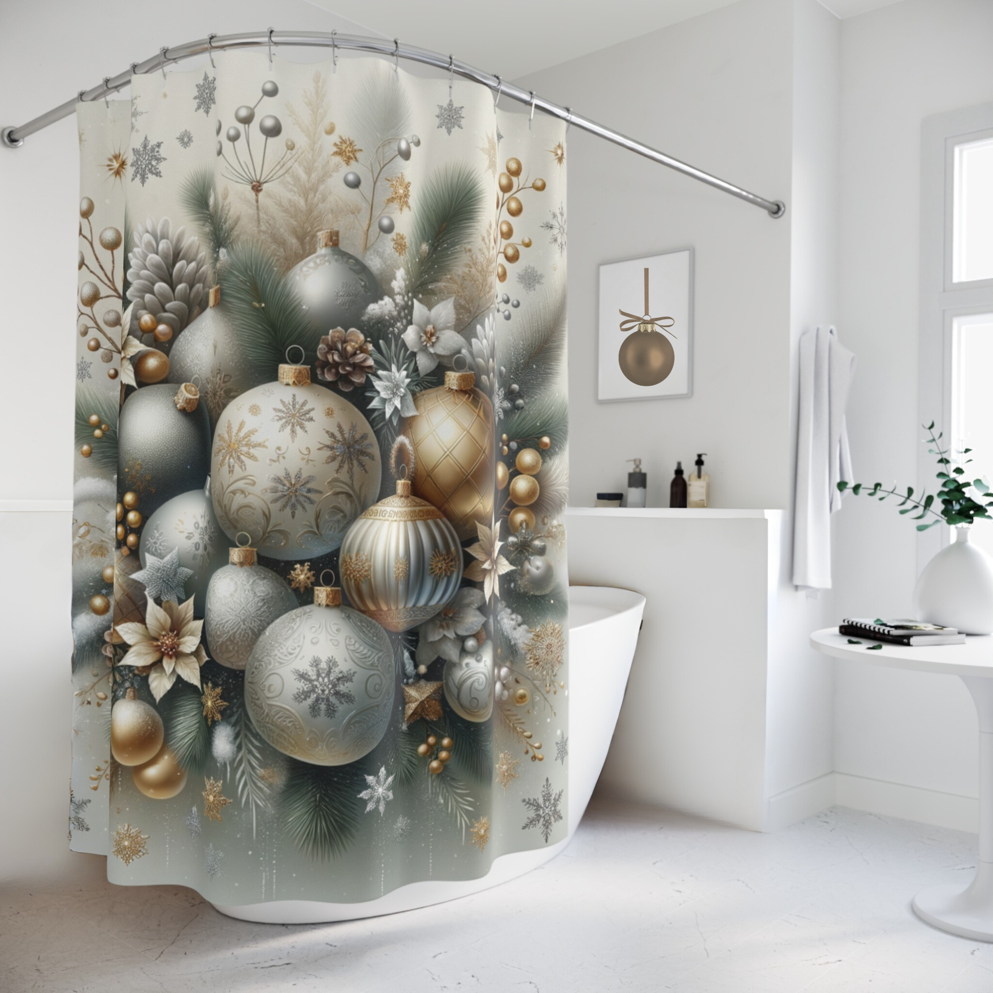 Silver and Gold Christmas Ornament Shower Curtain – Elegant Holiday Bathroom Decor