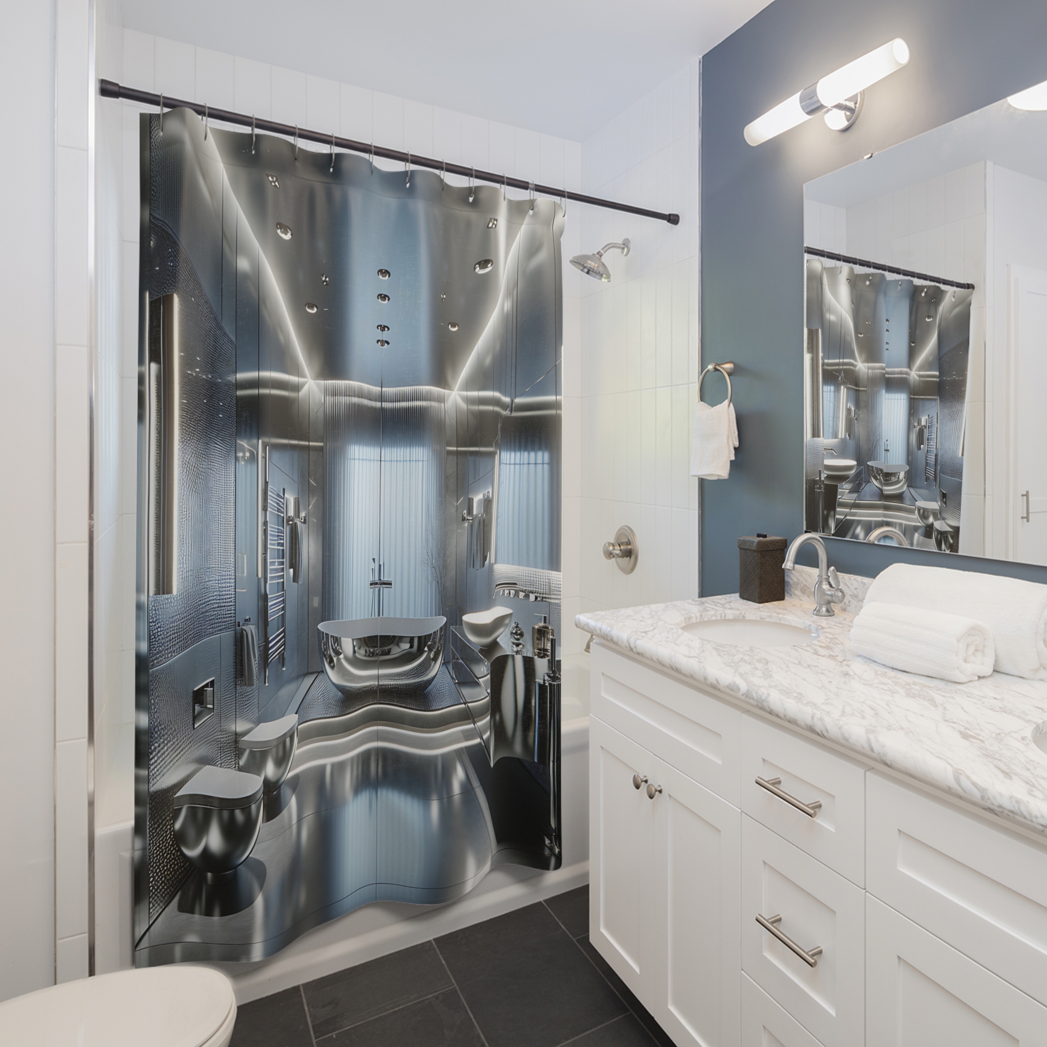 Silver Futuristic Bathroom – Modern Metallic Shower Curtain