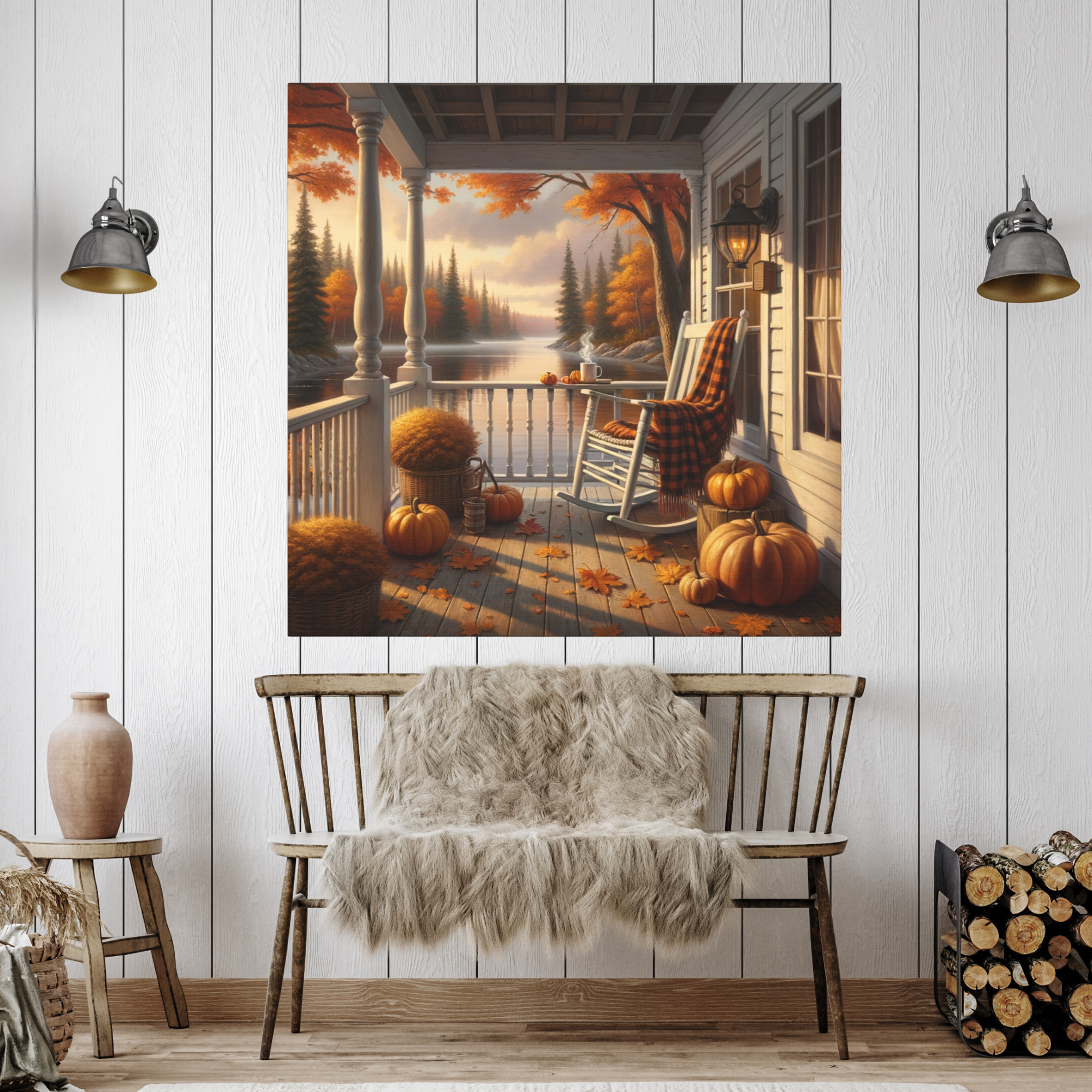 Autumn Porch View With Pumpkins and Lake – Cozy Fall Wall Art