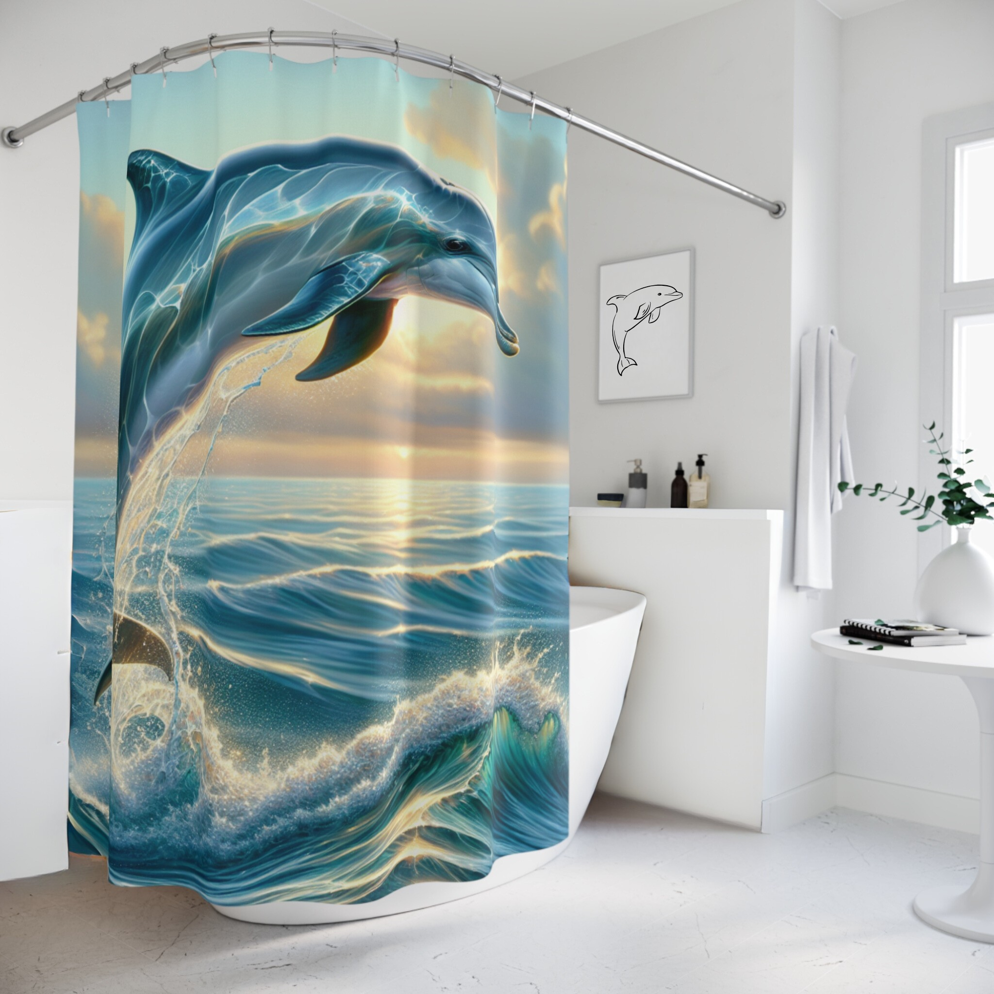 Dolphin Ocean Sunrise – Coastal Bathroom Shower Curtain