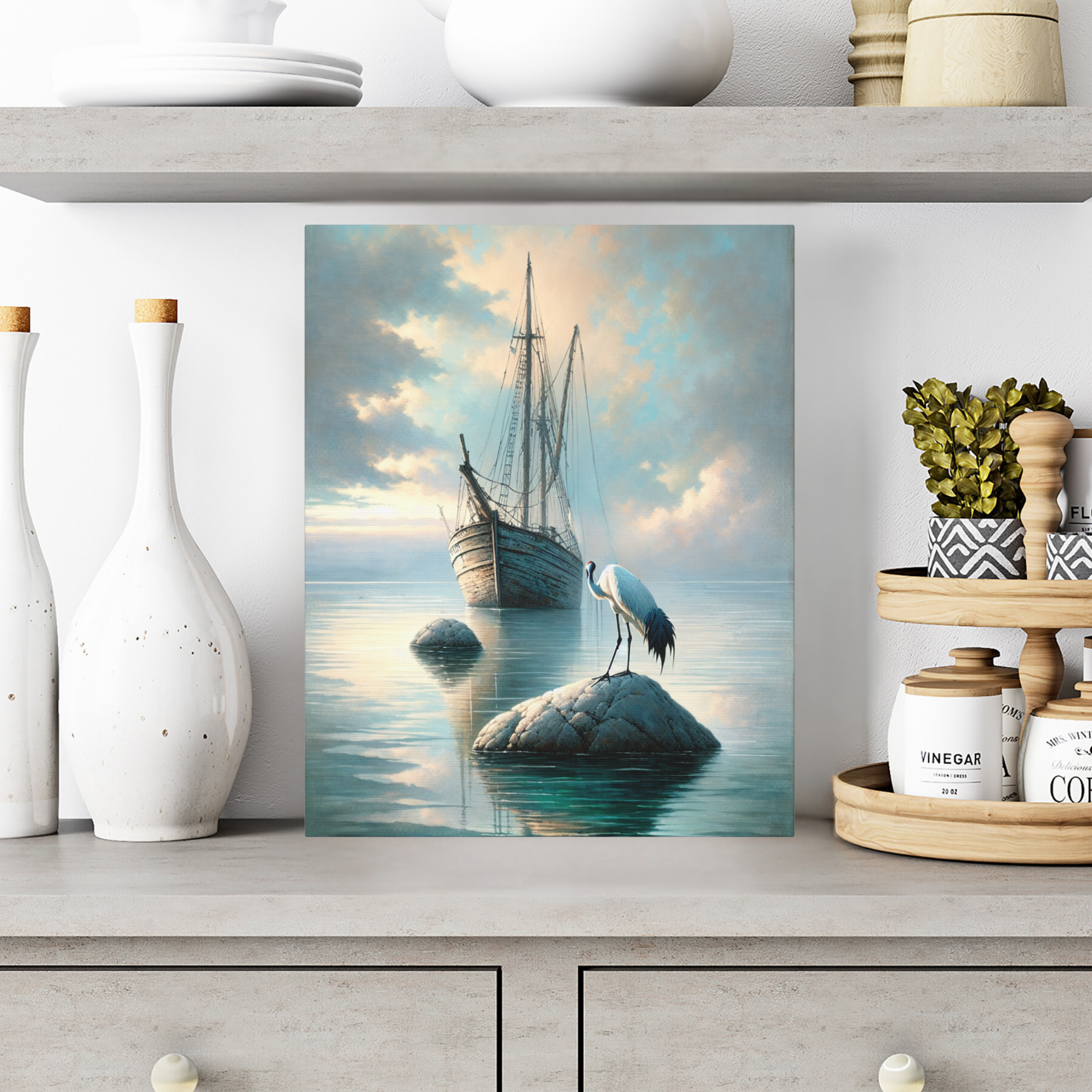 Sailing Ship With Crane in Morning Light – Coastal Serenity Wall Art