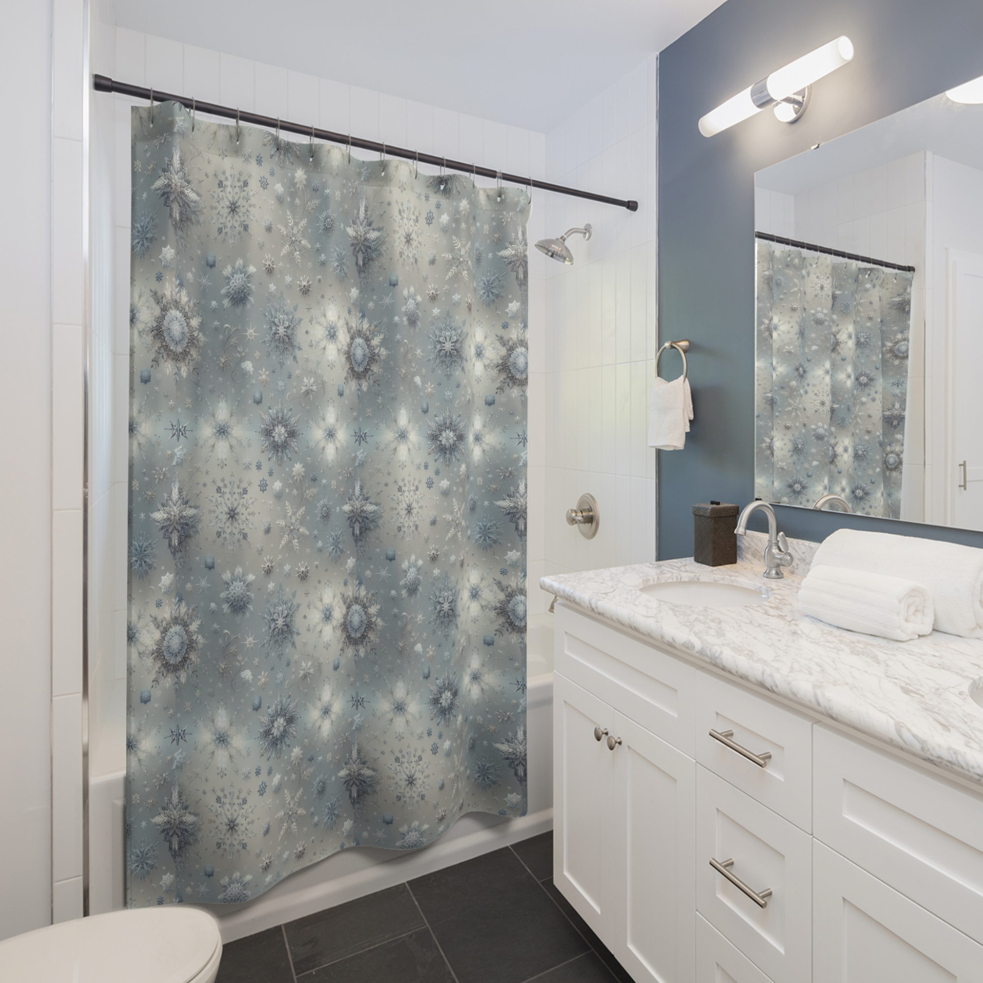 Elegant Snowflake Shower Curtain – Winter Wonderland Bathroom Décor