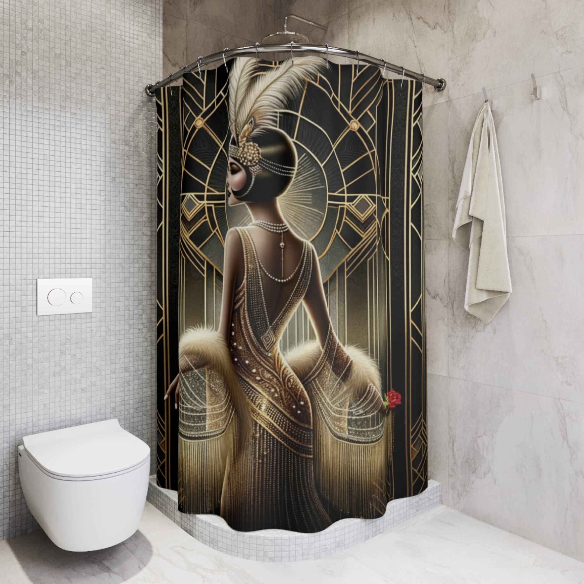 Gatsby Glamour in Gold – Art Deco Flapper Shower Curtain