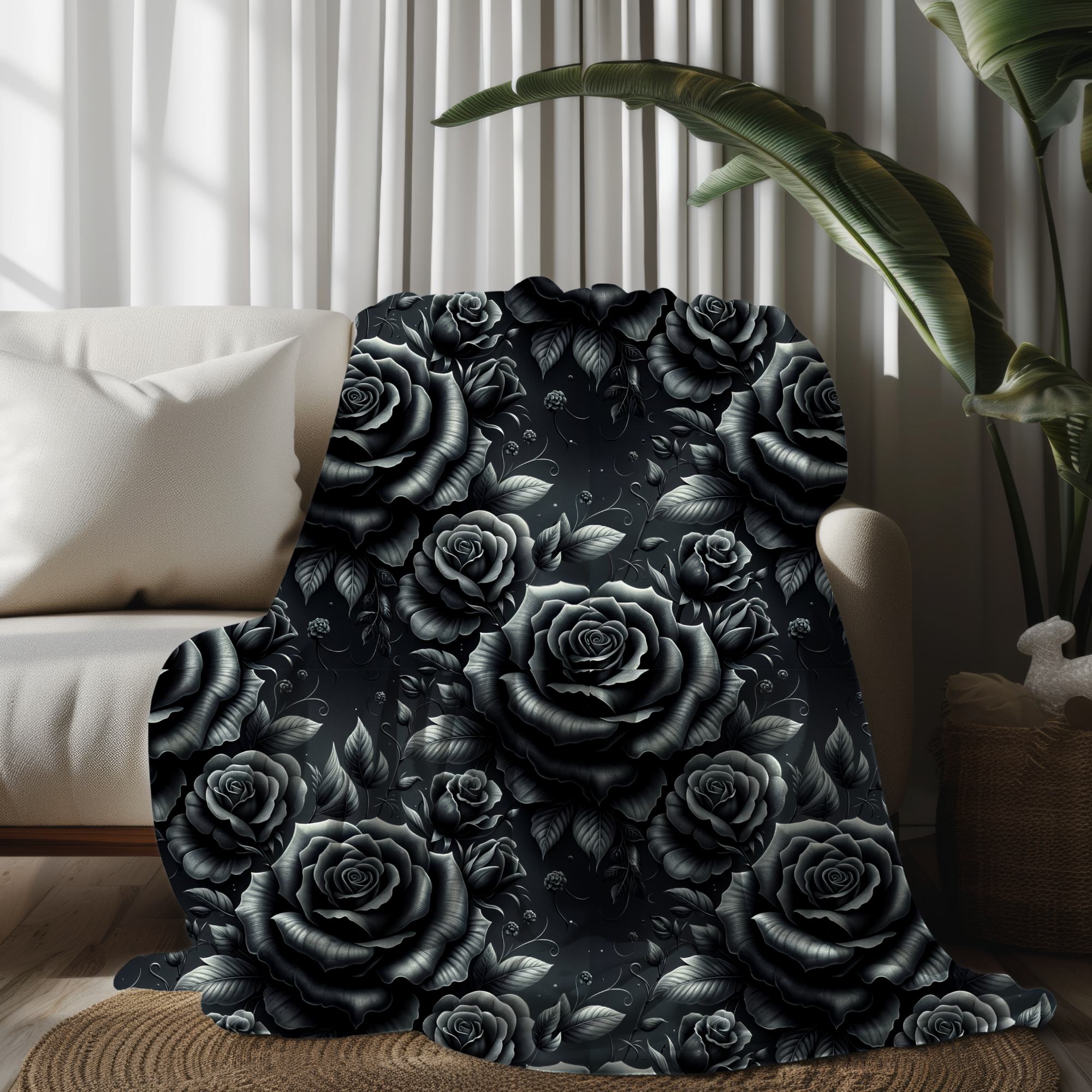 Black Roses on Midnight – Elegant Gothic Sherpa Blanket