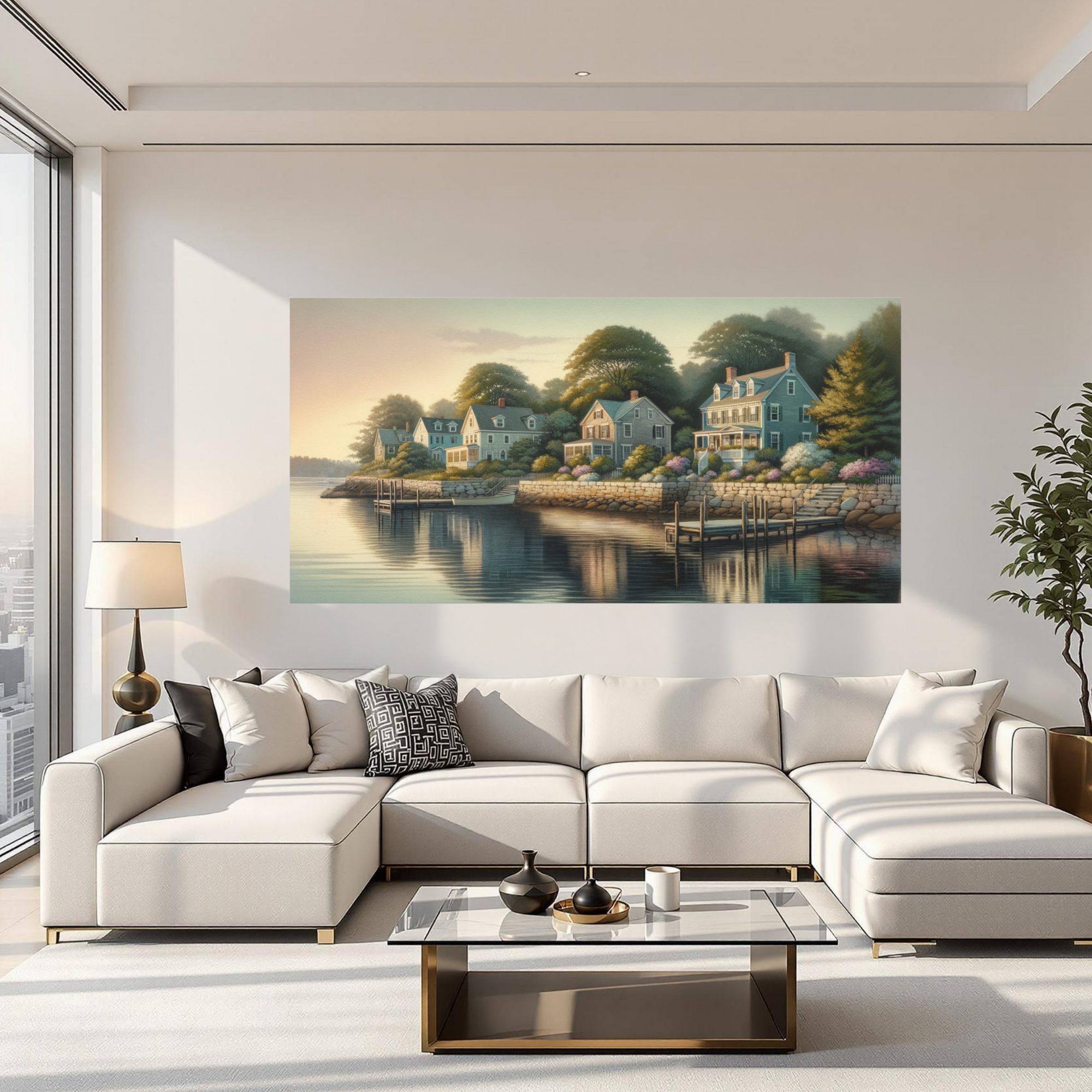 Seaside Cottage Row at Sunset – Coastal Harbor Wall Art