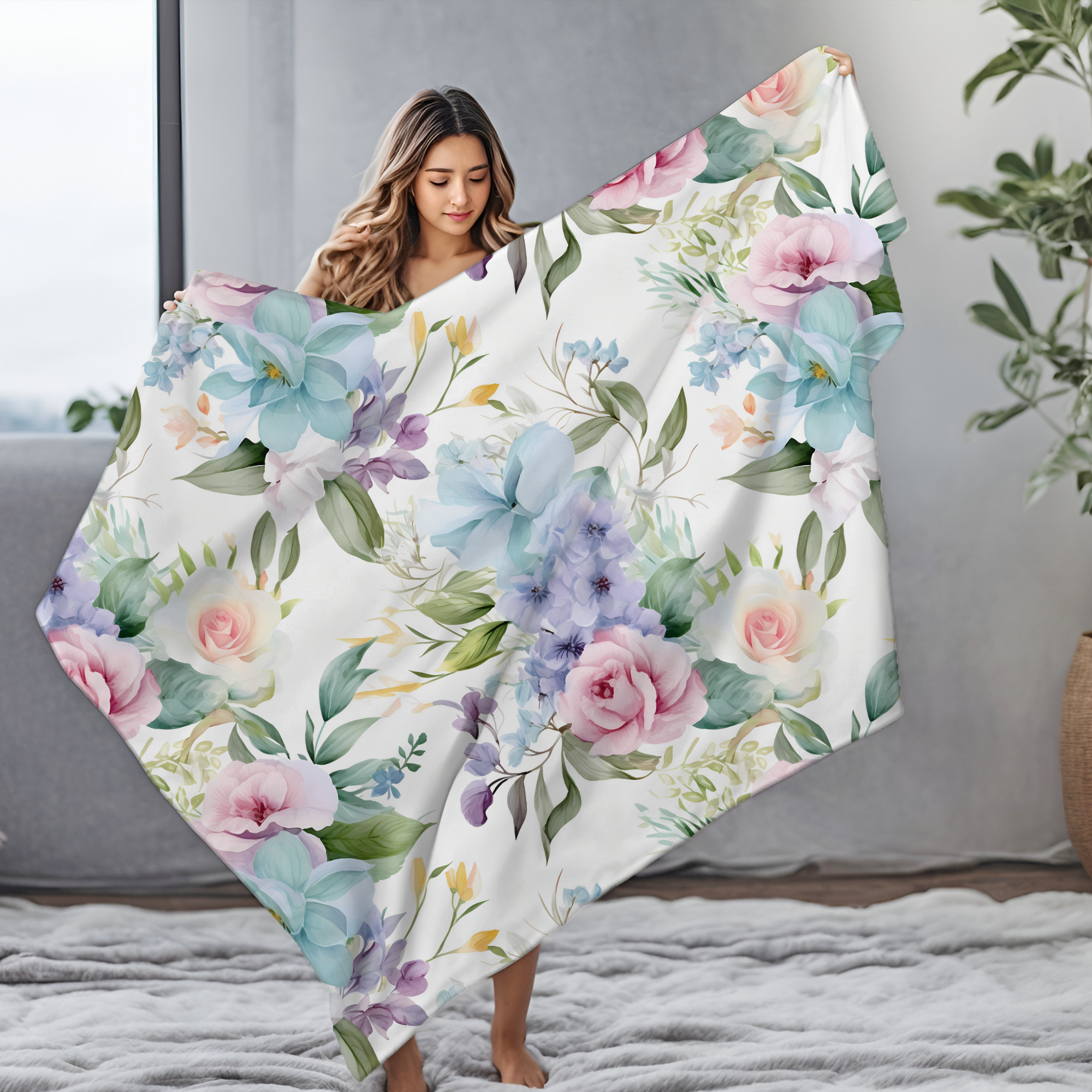 Spring Garden Bloom – Pastel Floral Velveteen Blanket