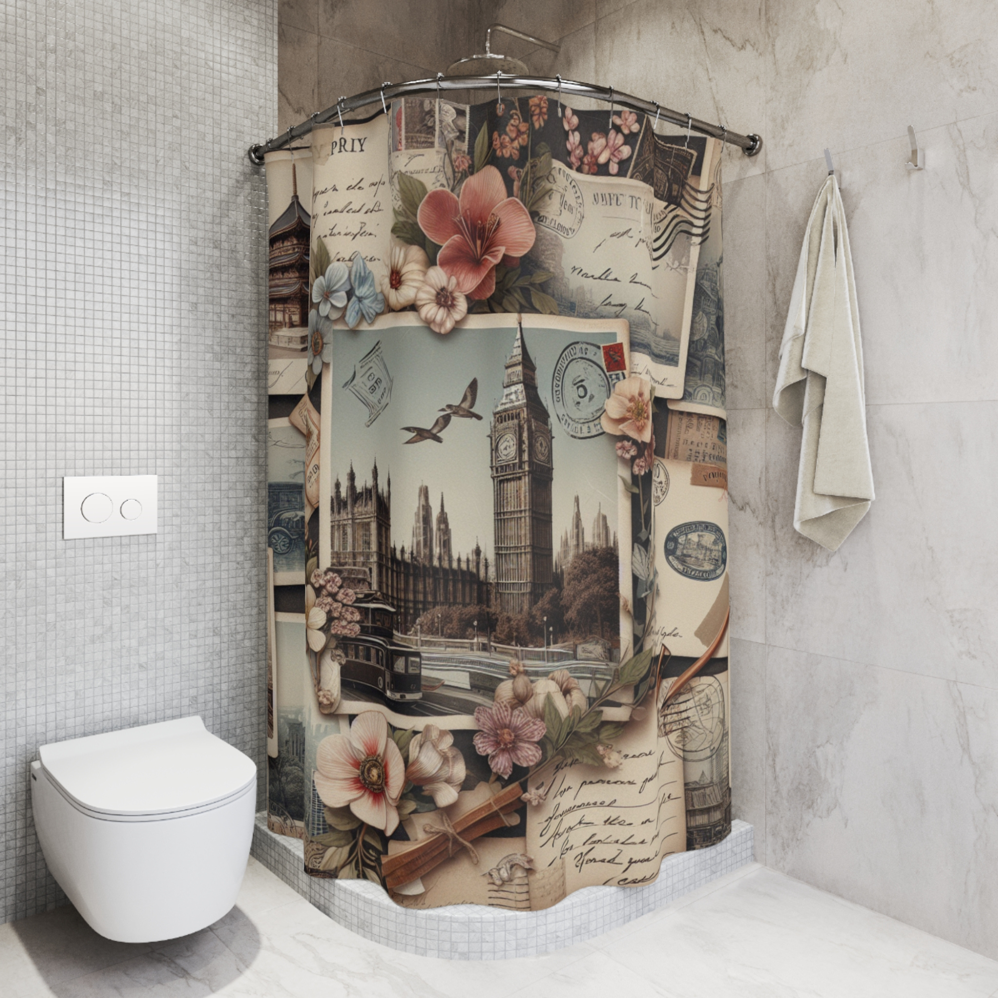 Vintage Travel Collage – Elegant Postcard Shower Curtain