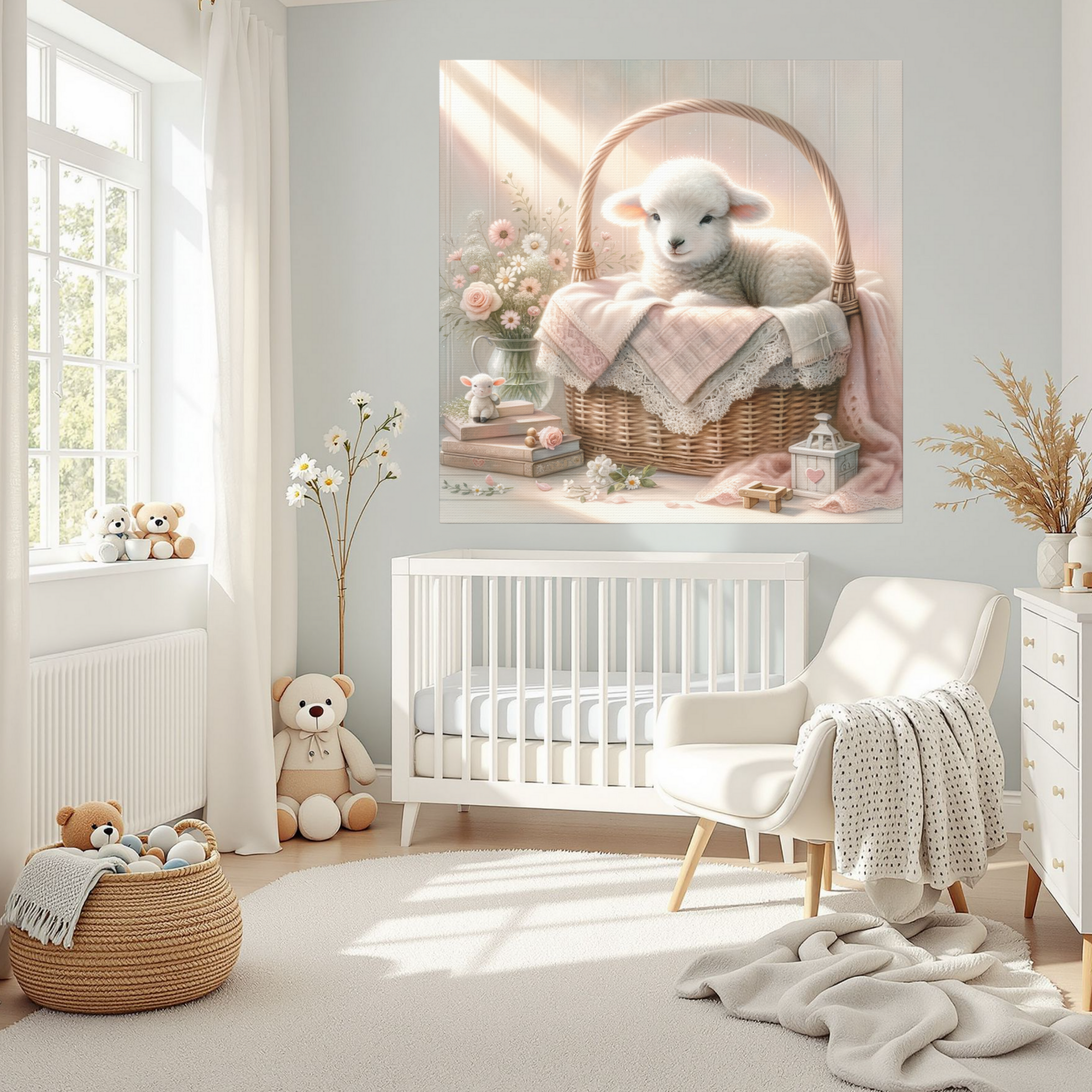 Sweet Baby Lamb in Pink Basket – Pink Nursery Wall Art