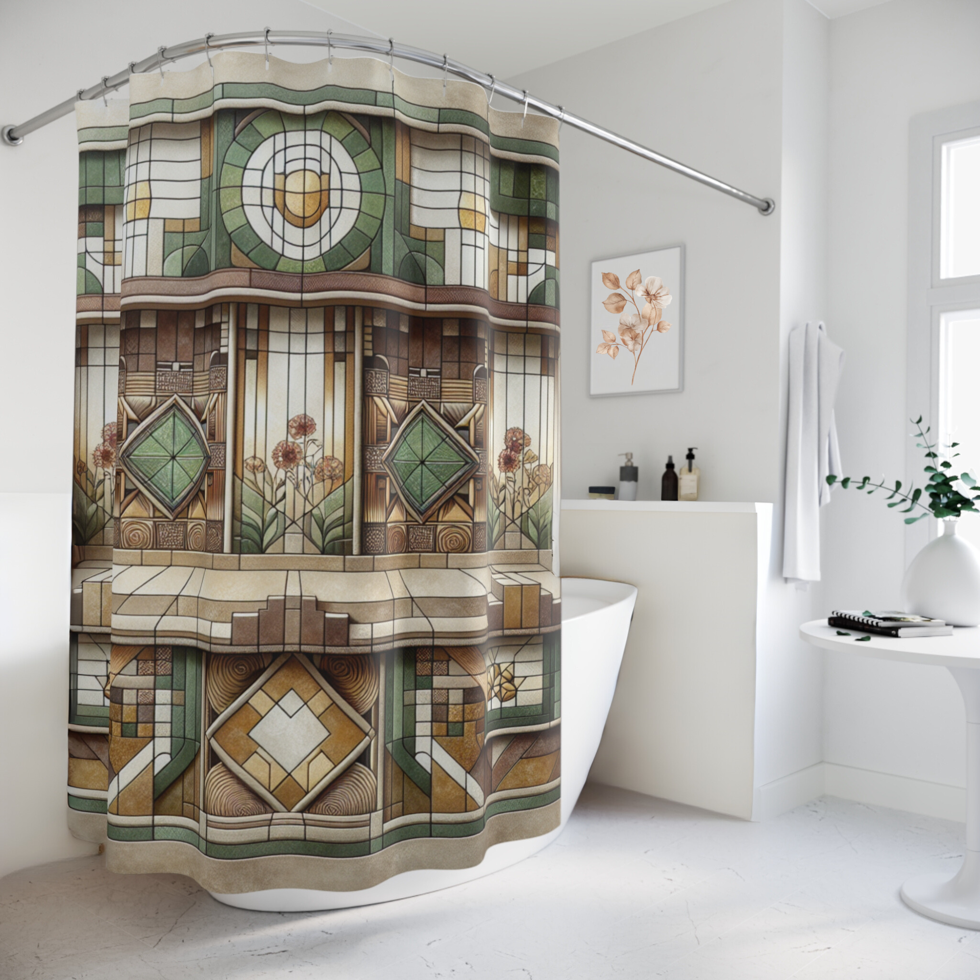 Art Deco Shower Curtain – Geometric Green Gold Design