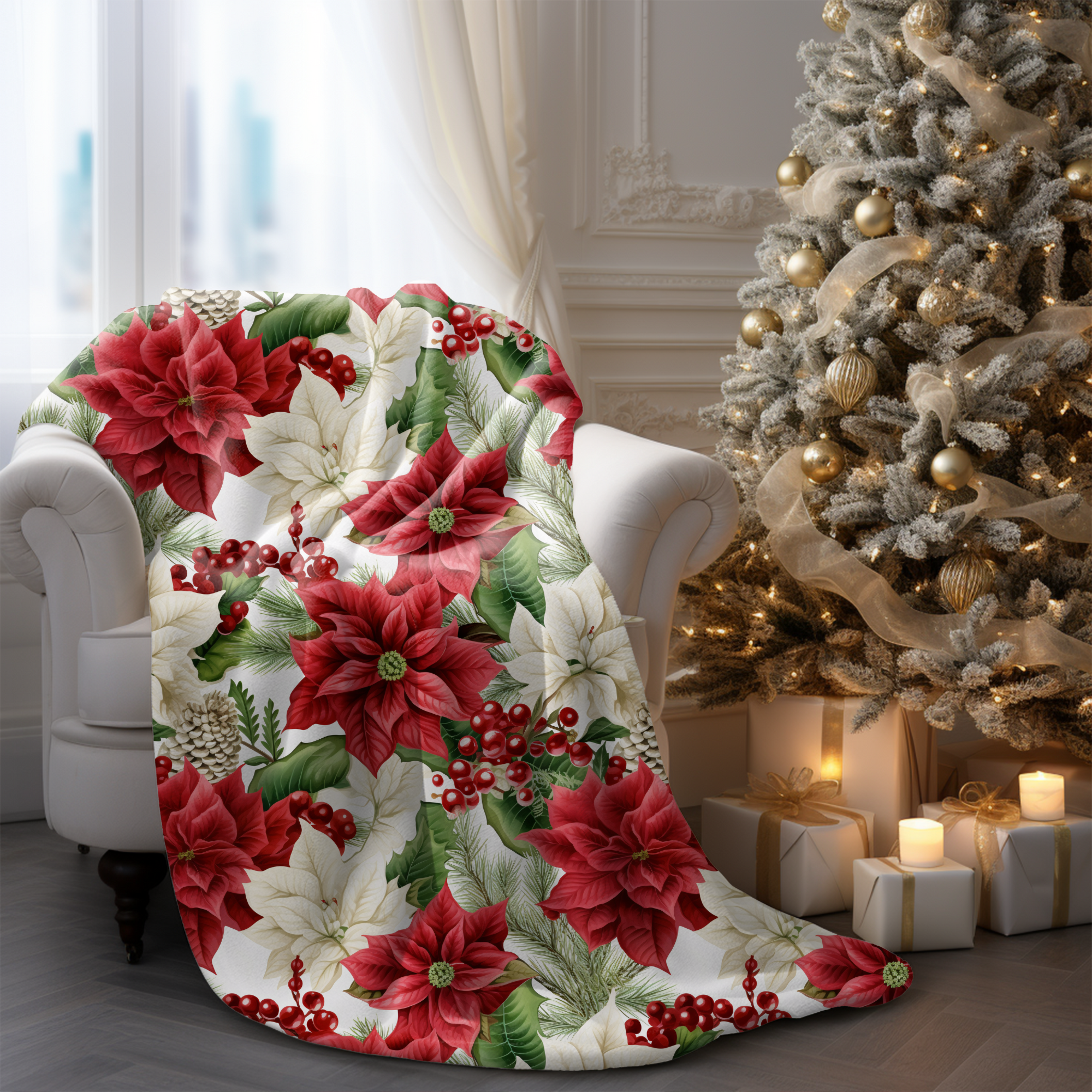 Red and White Poinsettias – Christmas Floral Velveteen Blanket