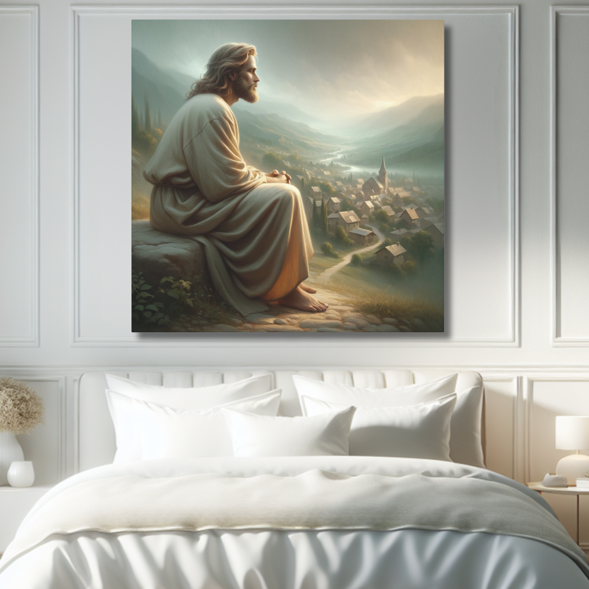 God Watching Over Village – Peaceful Spiritual Wall Art