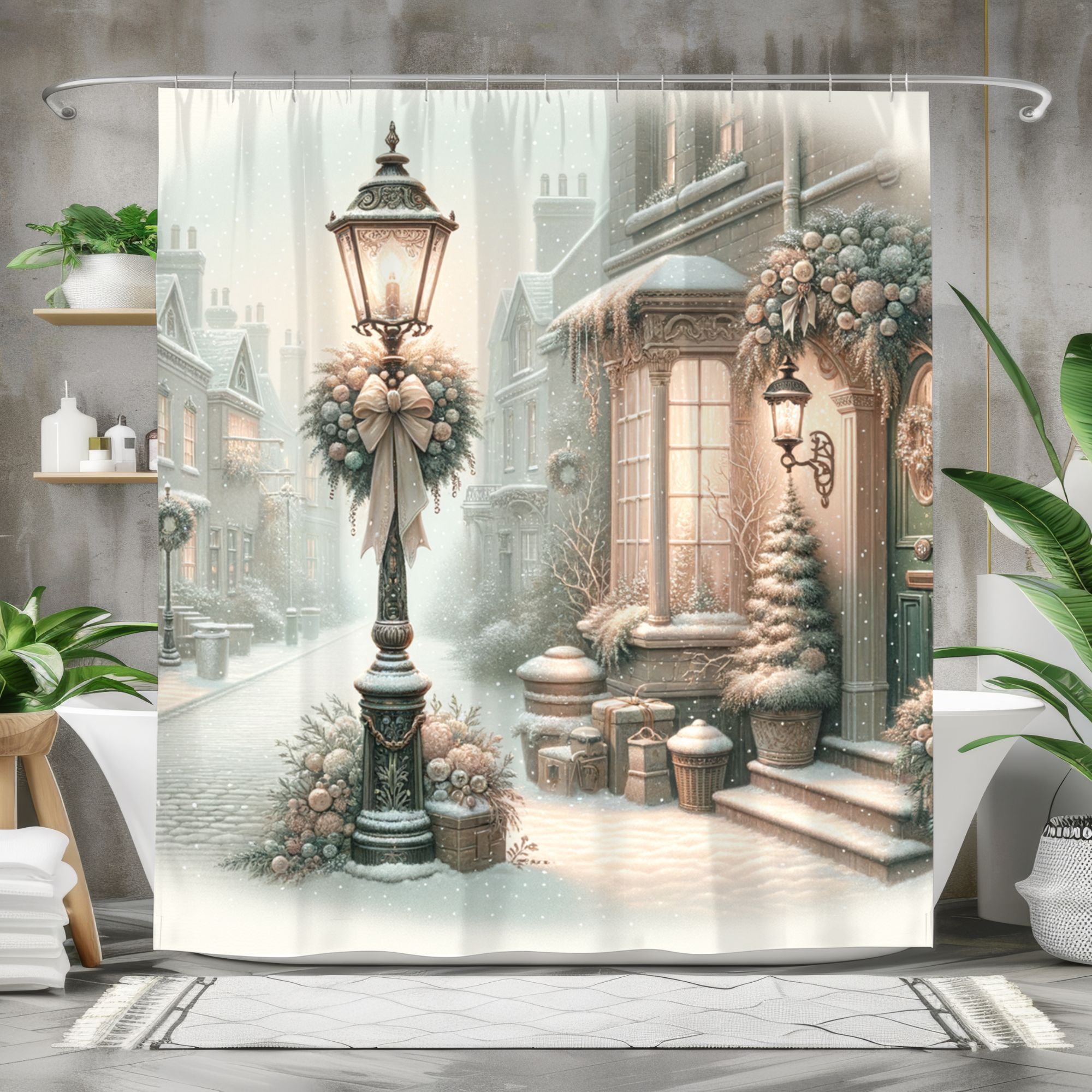 Victorian Christmas Street Scene – Elegant Holiday Shower Curtain
