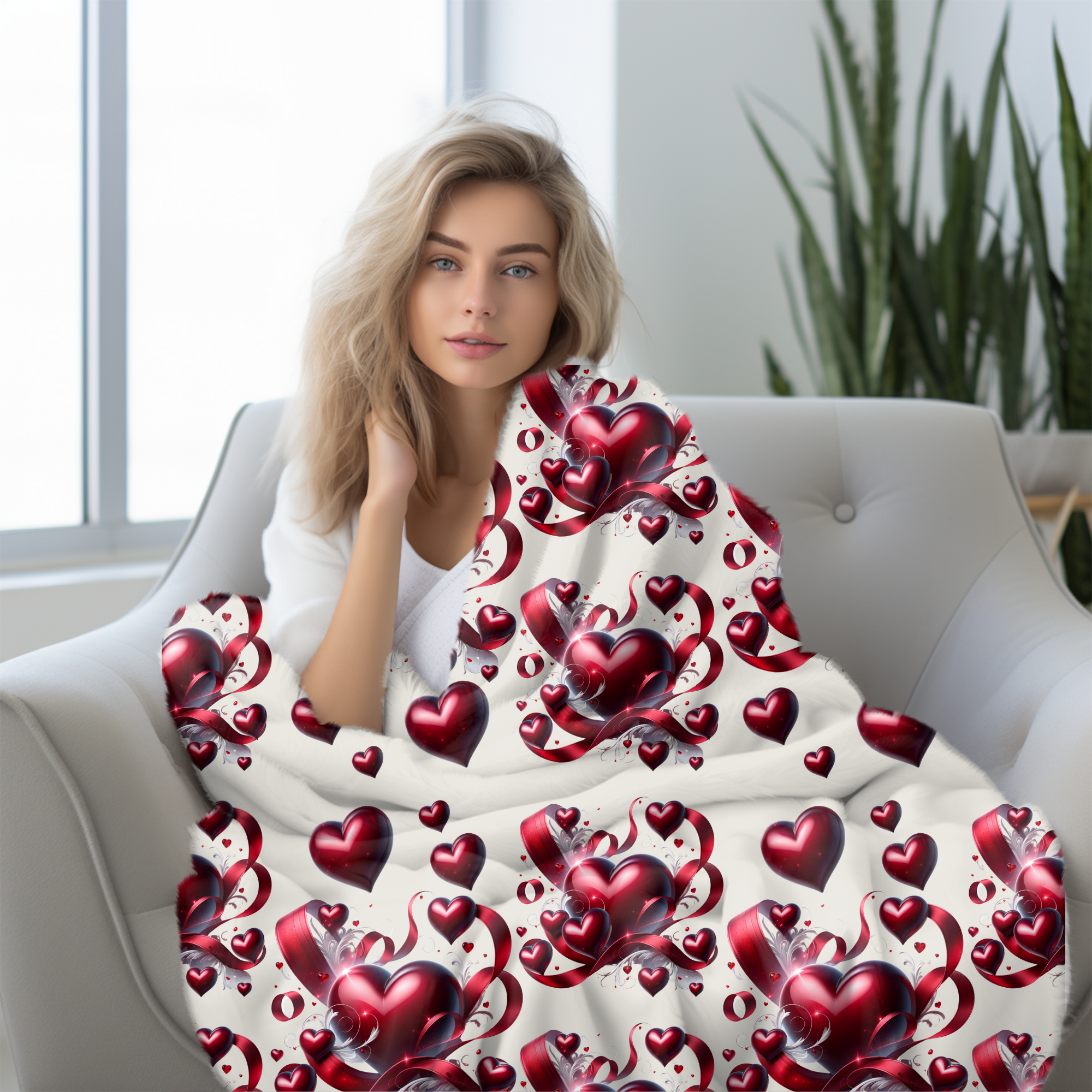 Crimson Hearts and Ribbons – Romantic Sherpa Blanket