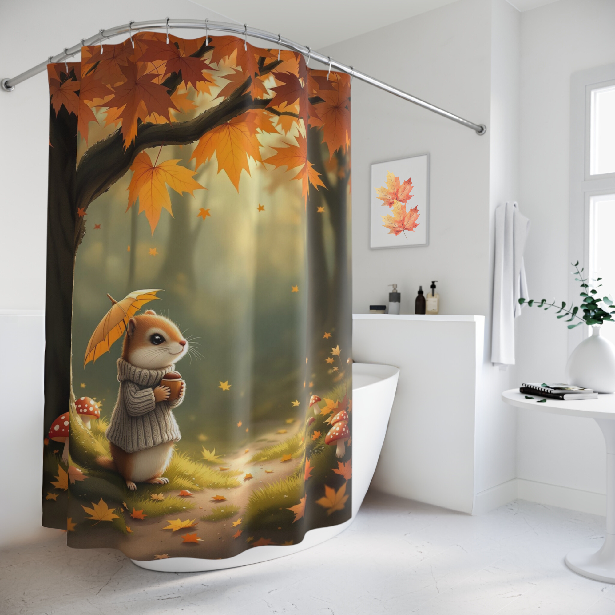 Autumn Chipmunk With Umbrella – Whimsical Fall Shower Curtain
