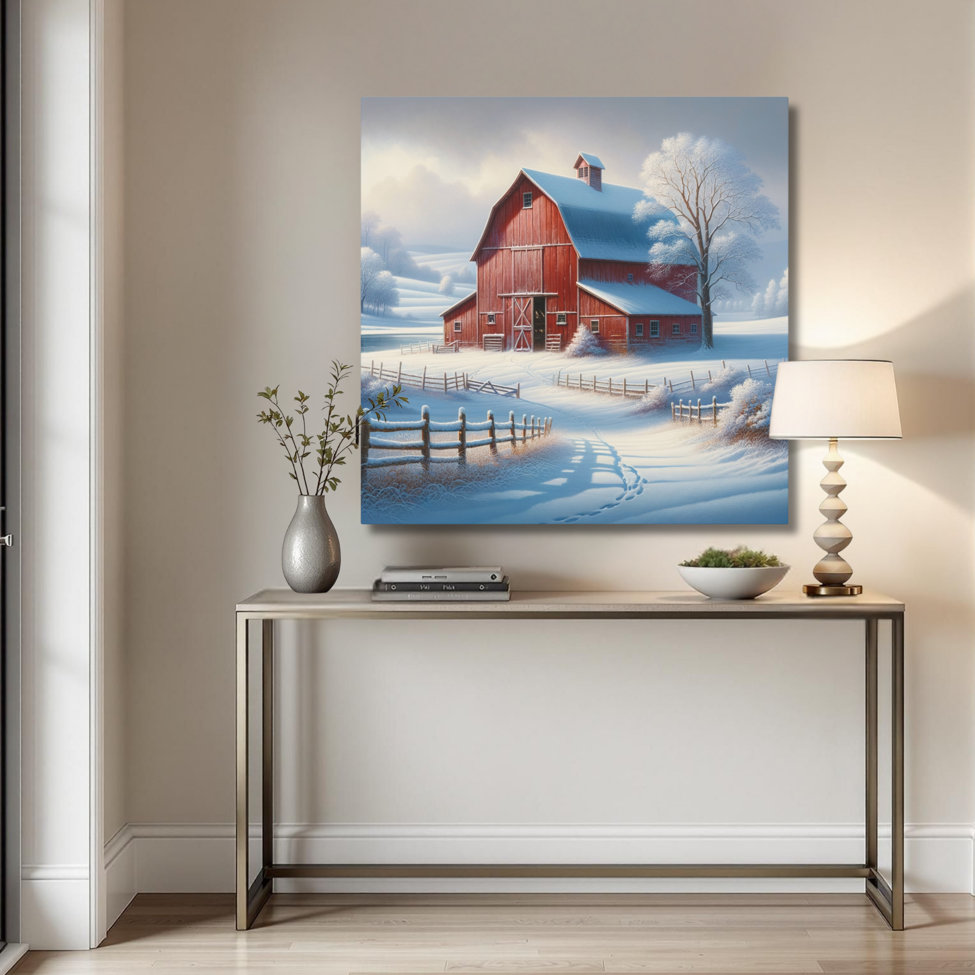 Red Barn Wall Art – Winter Farmhouse Snow Scene Canvas