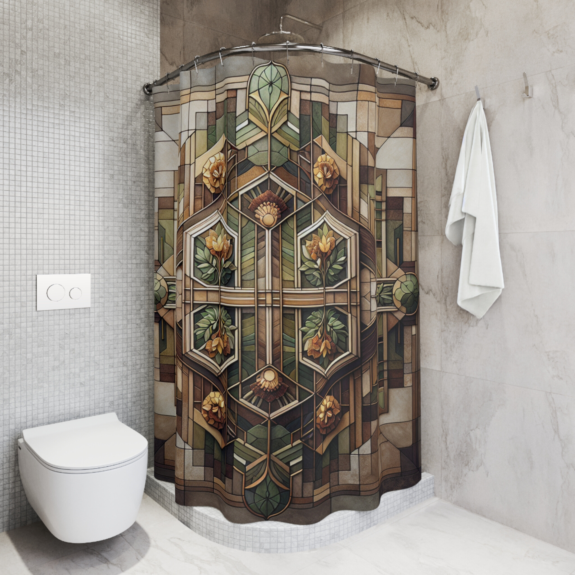 Art Deco Floral Shower Curtain – Geometric Green Gold