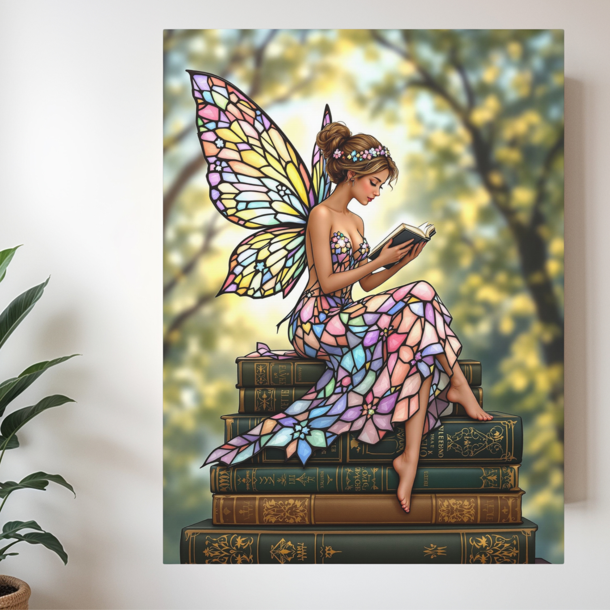 Stained Glass Fairy Reading – Fantasy Vertical Wall Art