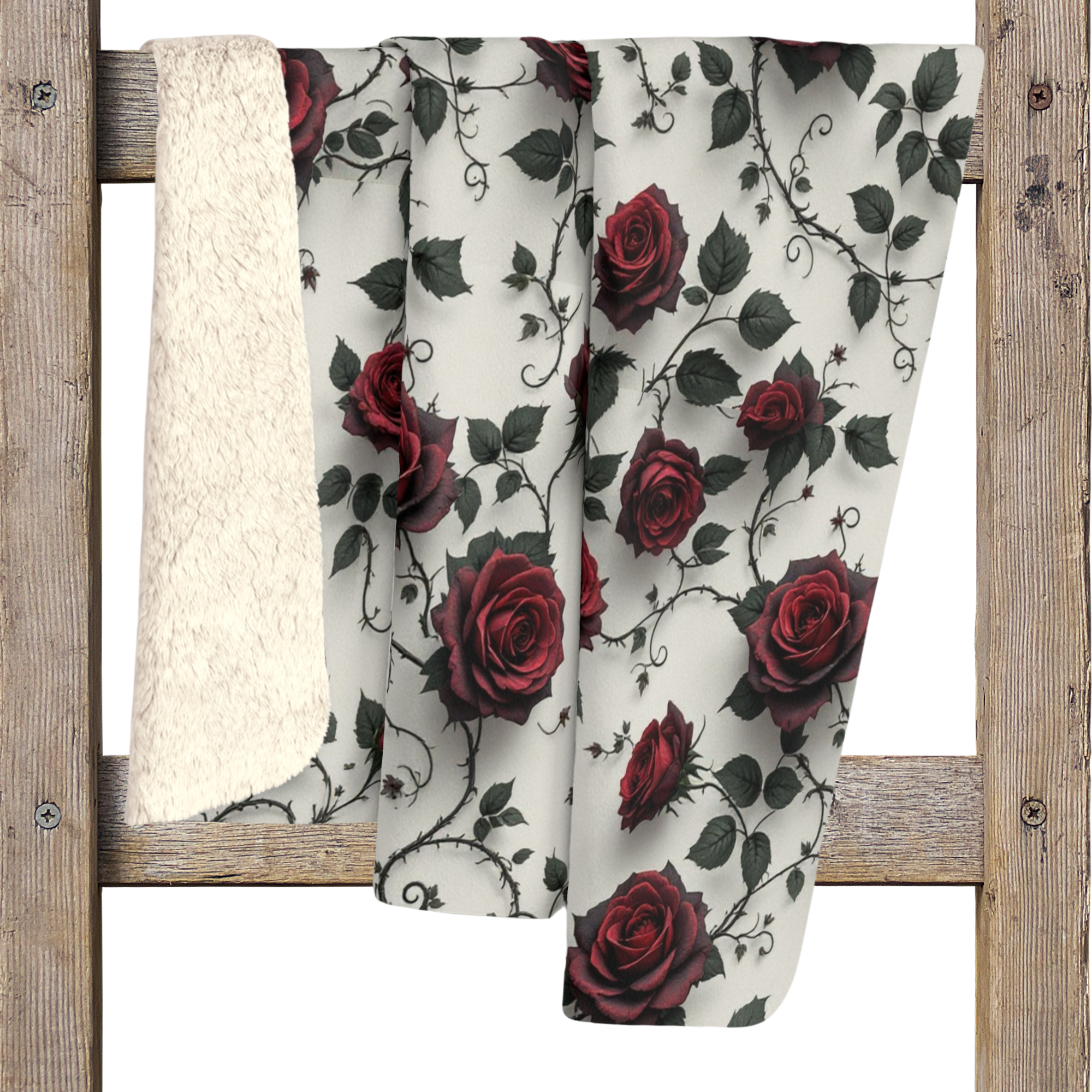 Crimson Roses on Ivory – Gothic Sherpa Blanket