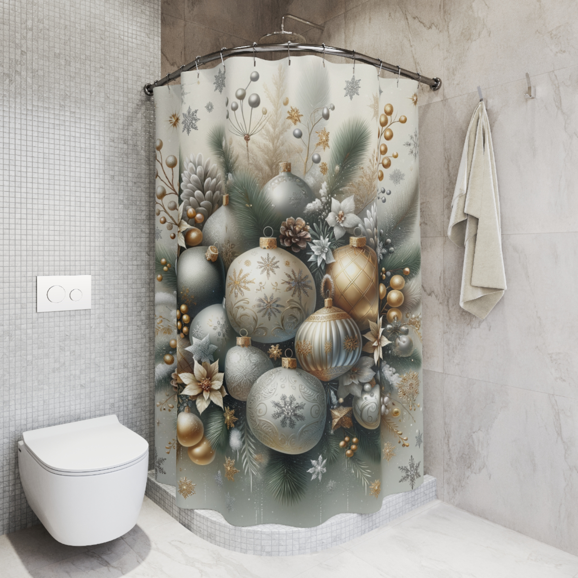 Silver and Gold Christmas Ornament Shower Curtain – Elegant Holiday Bathroom Decor