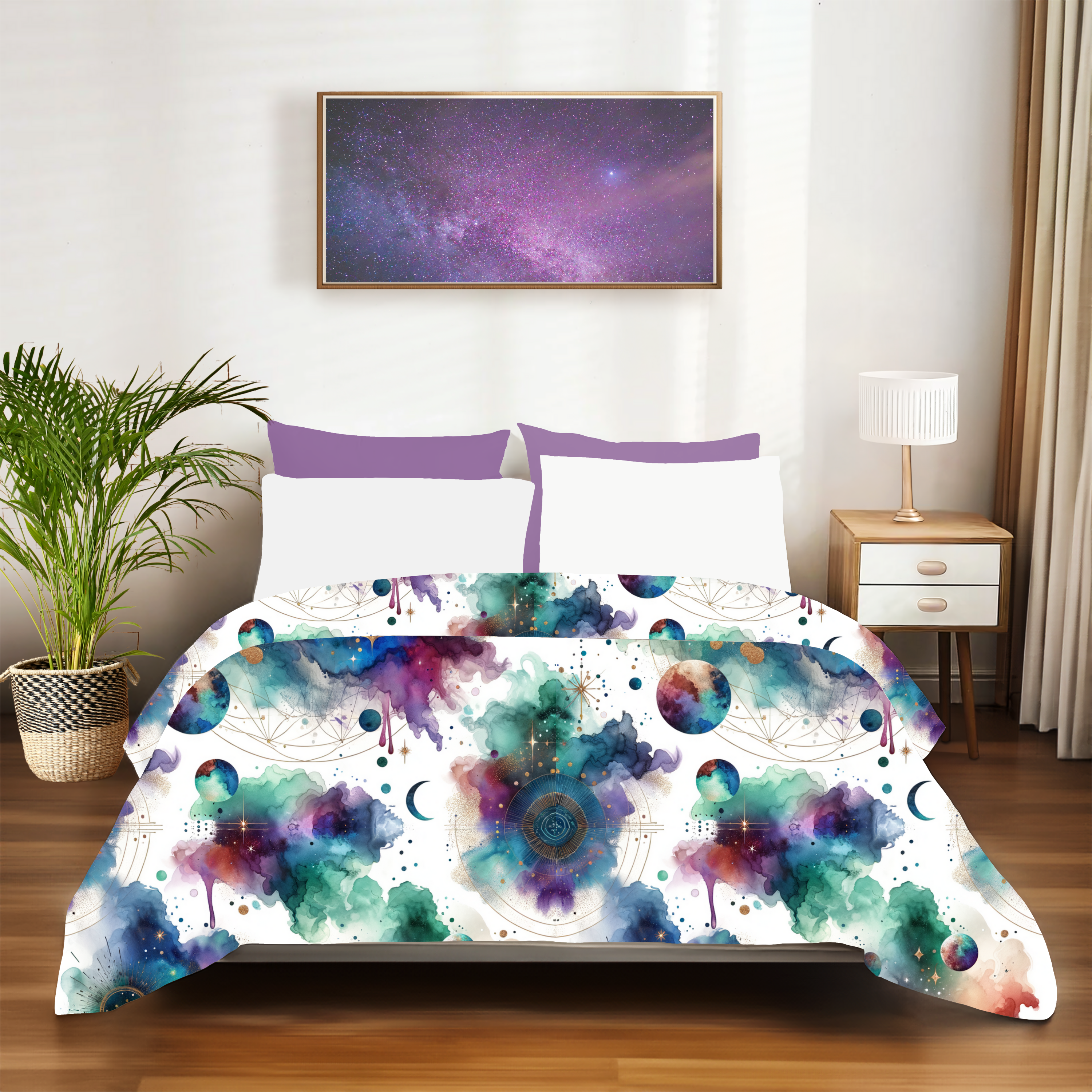 Celestial Watercolor Galaxy Duvet – Cosmic Nebula Bedding