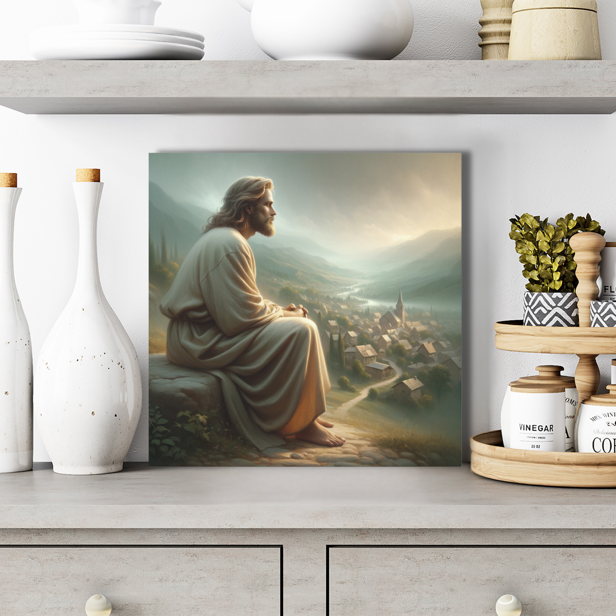 God Watching Over Village – Peaceful Spiritual Wall Art