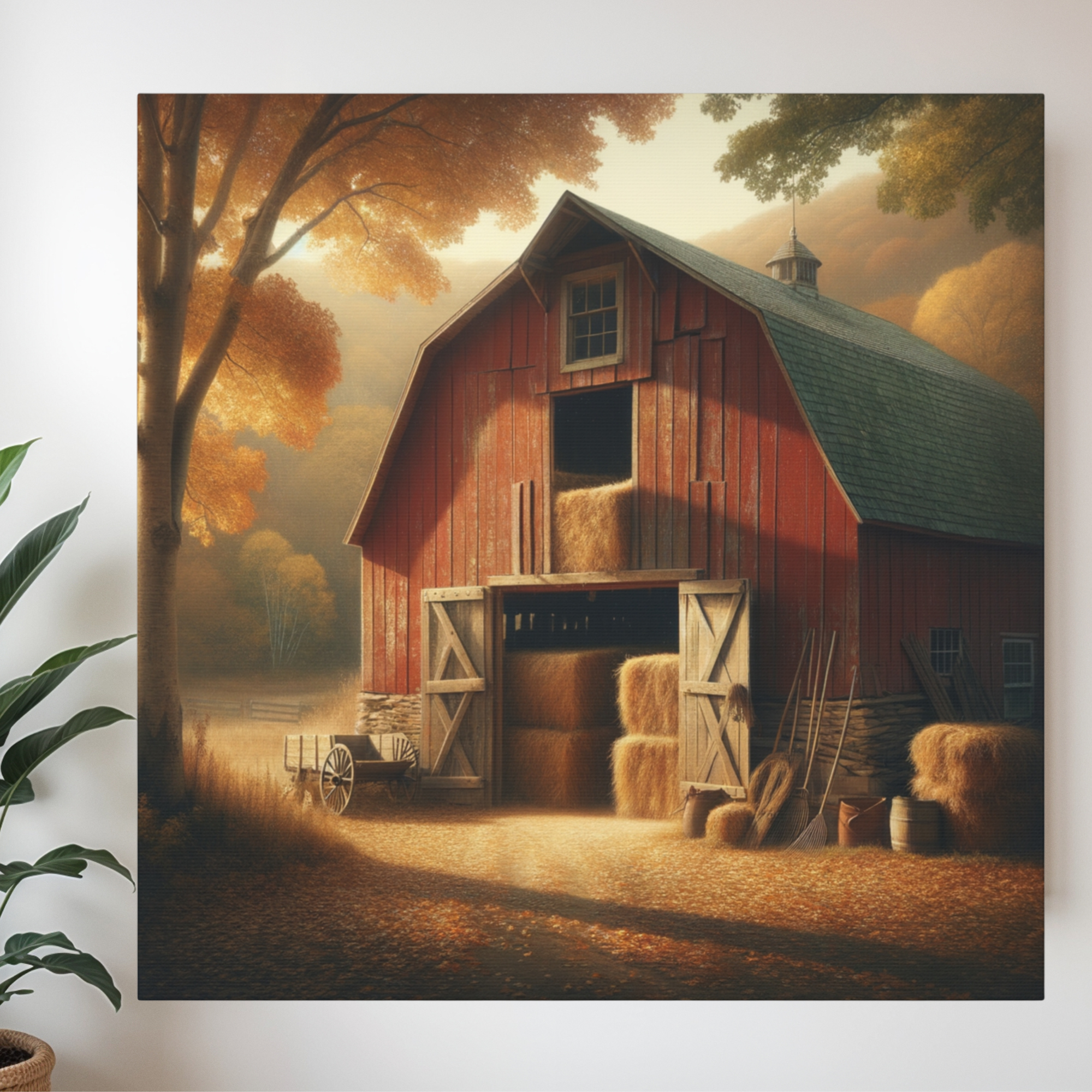 Rustic Red Barn in Autumn Light – Harvest Farm Wall Art