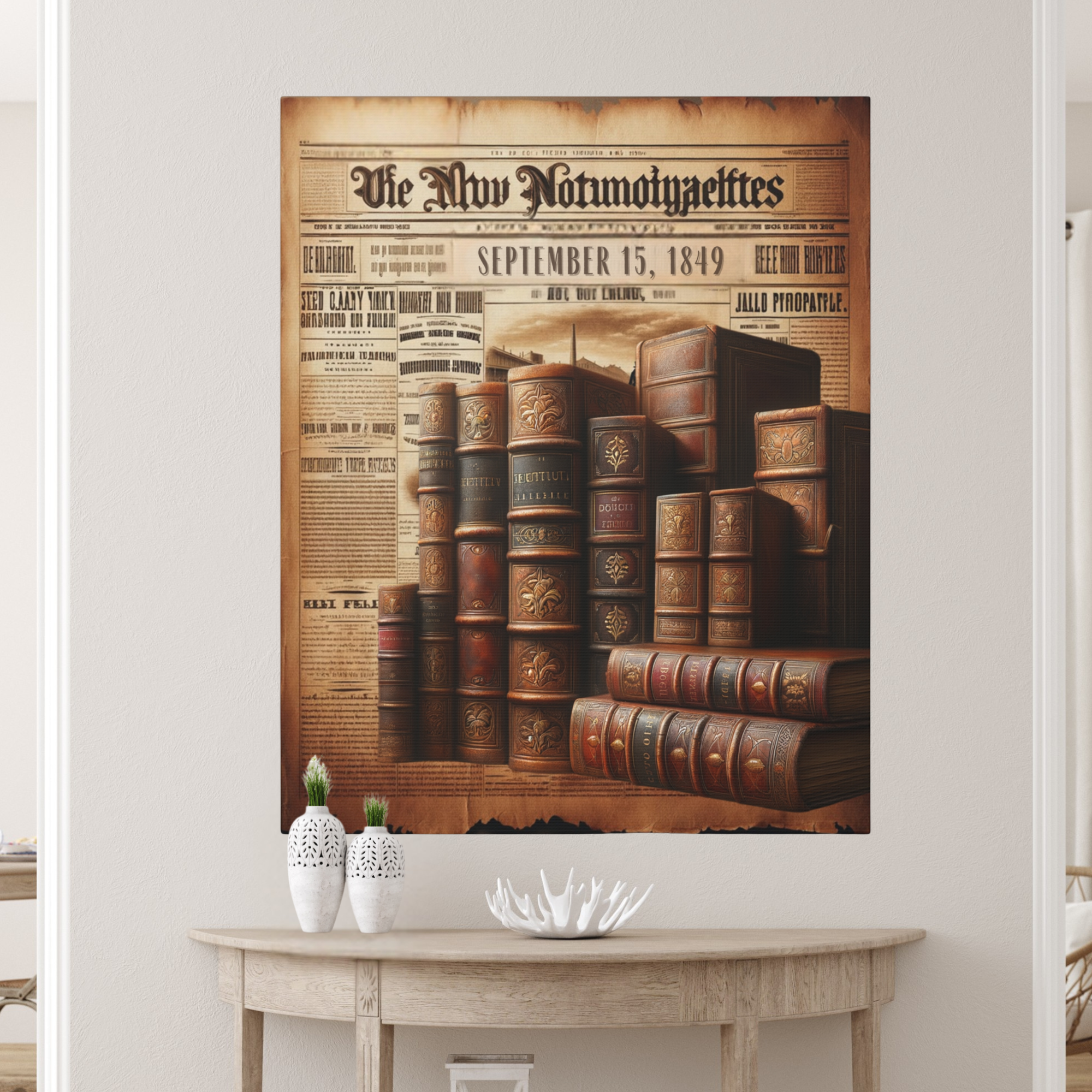 Antique Books and Vintage Newspaper Wall Art – 1849 Library Decor