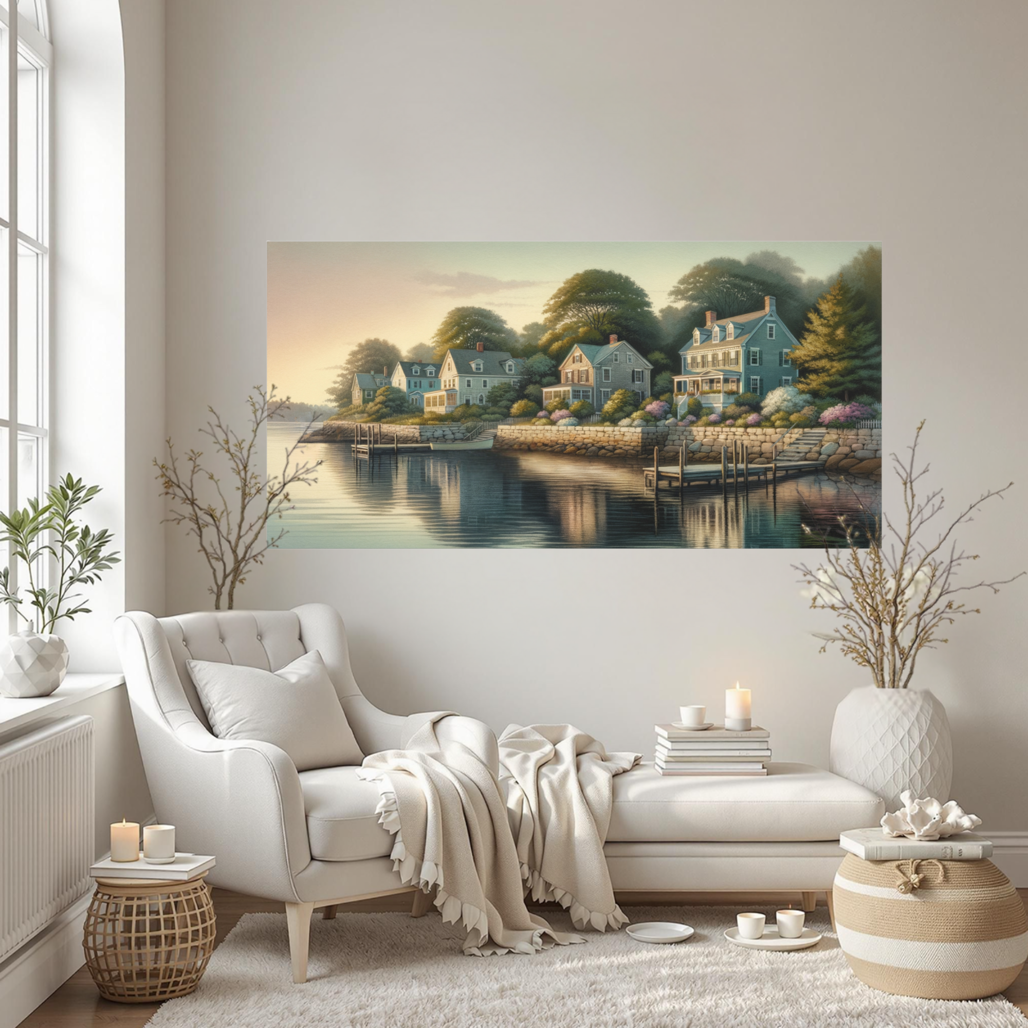 Seaside Cottage Row at Sunset – Coastal Harbor Wall Art