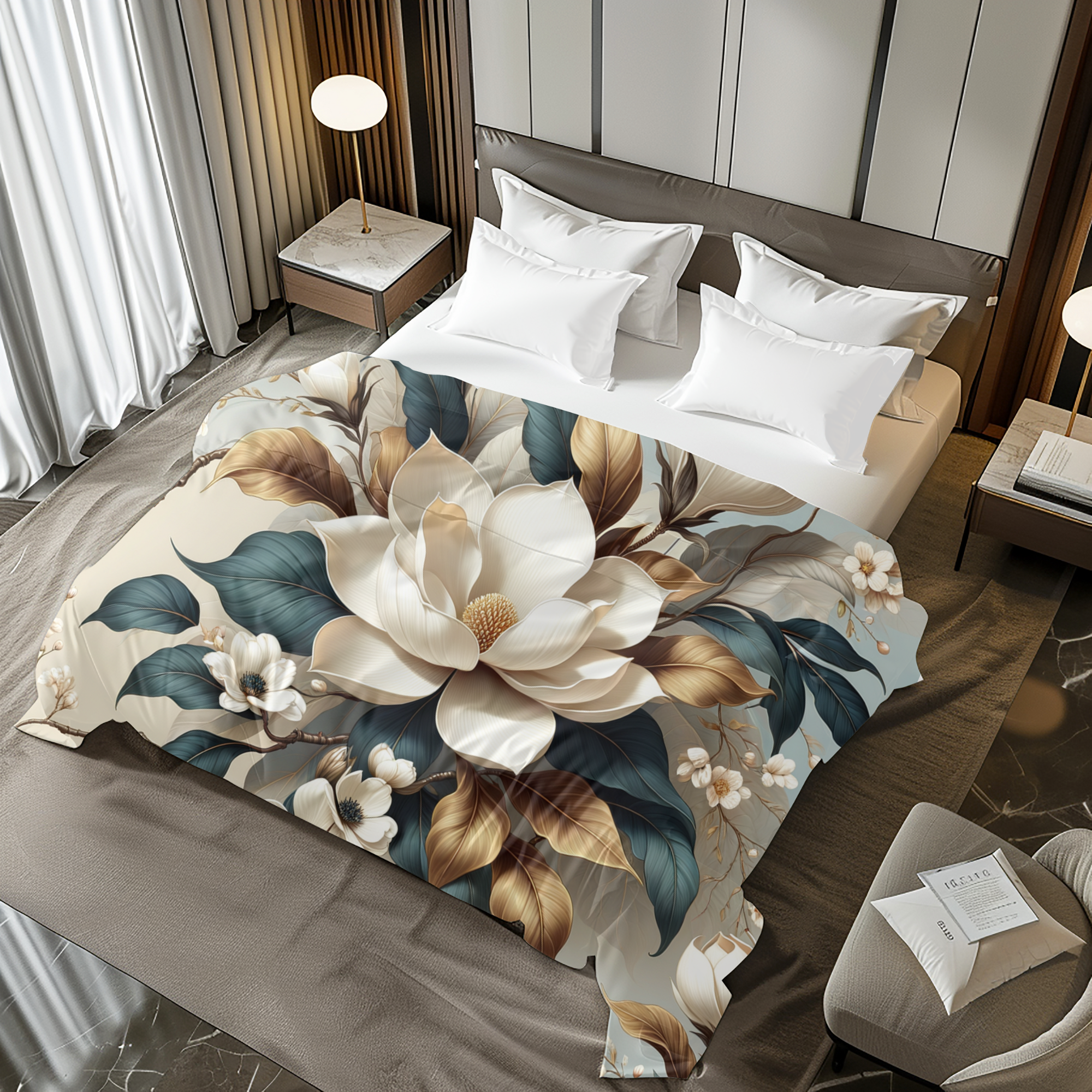Ivory Magnolia Floral Duvet Cover – Elegant Blue and Gold Botanical Bedding
