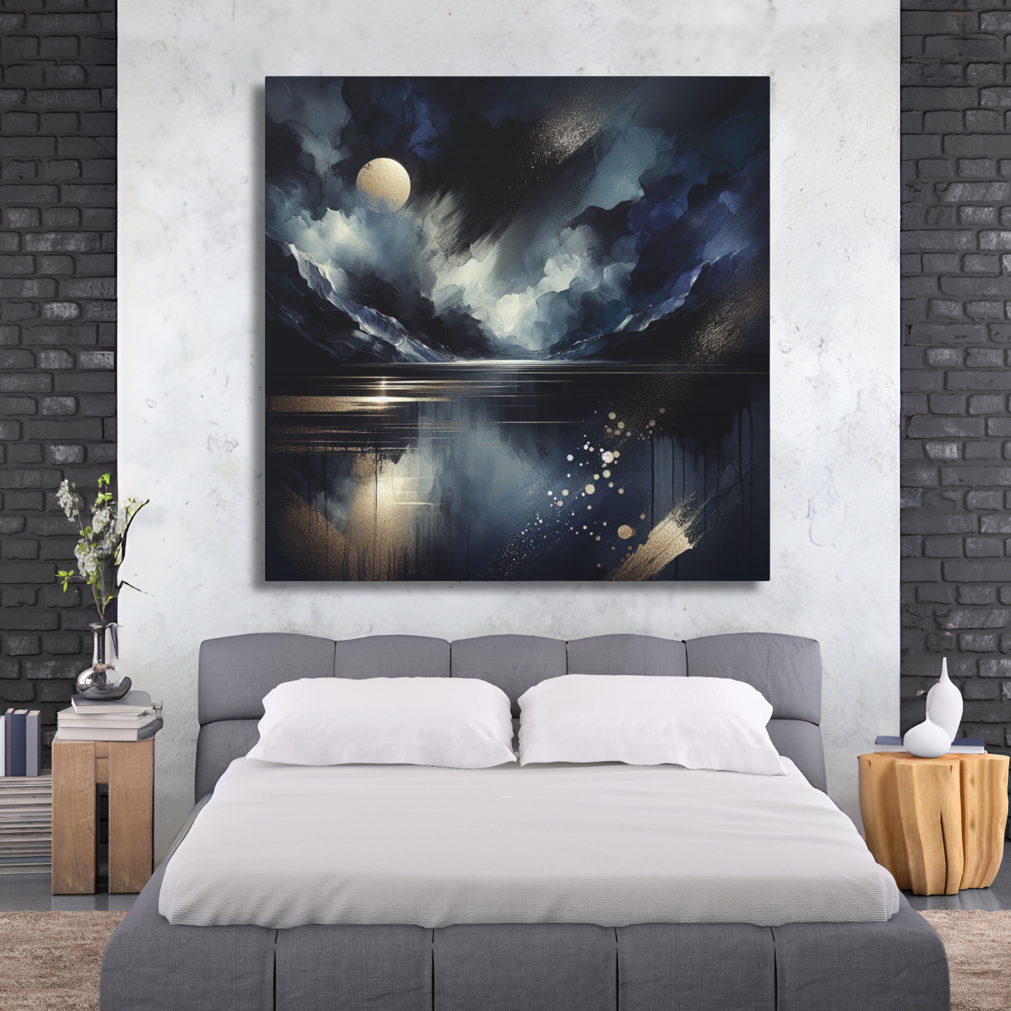 Midnight Reflections Wall Art – Blue and Gold Mountain Lake Canvas