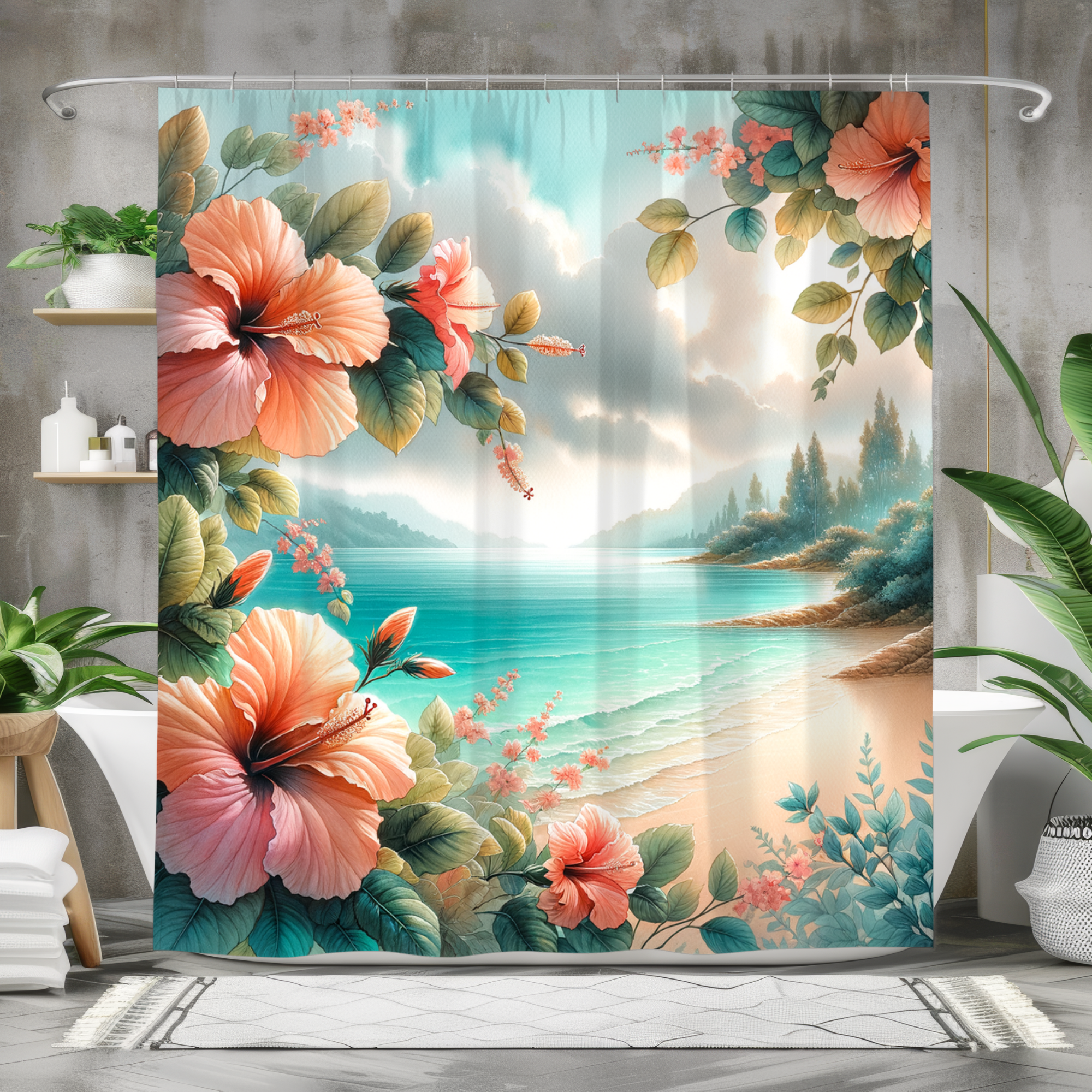 Tropical Beach Shower Curtain Hibiscus Coastal