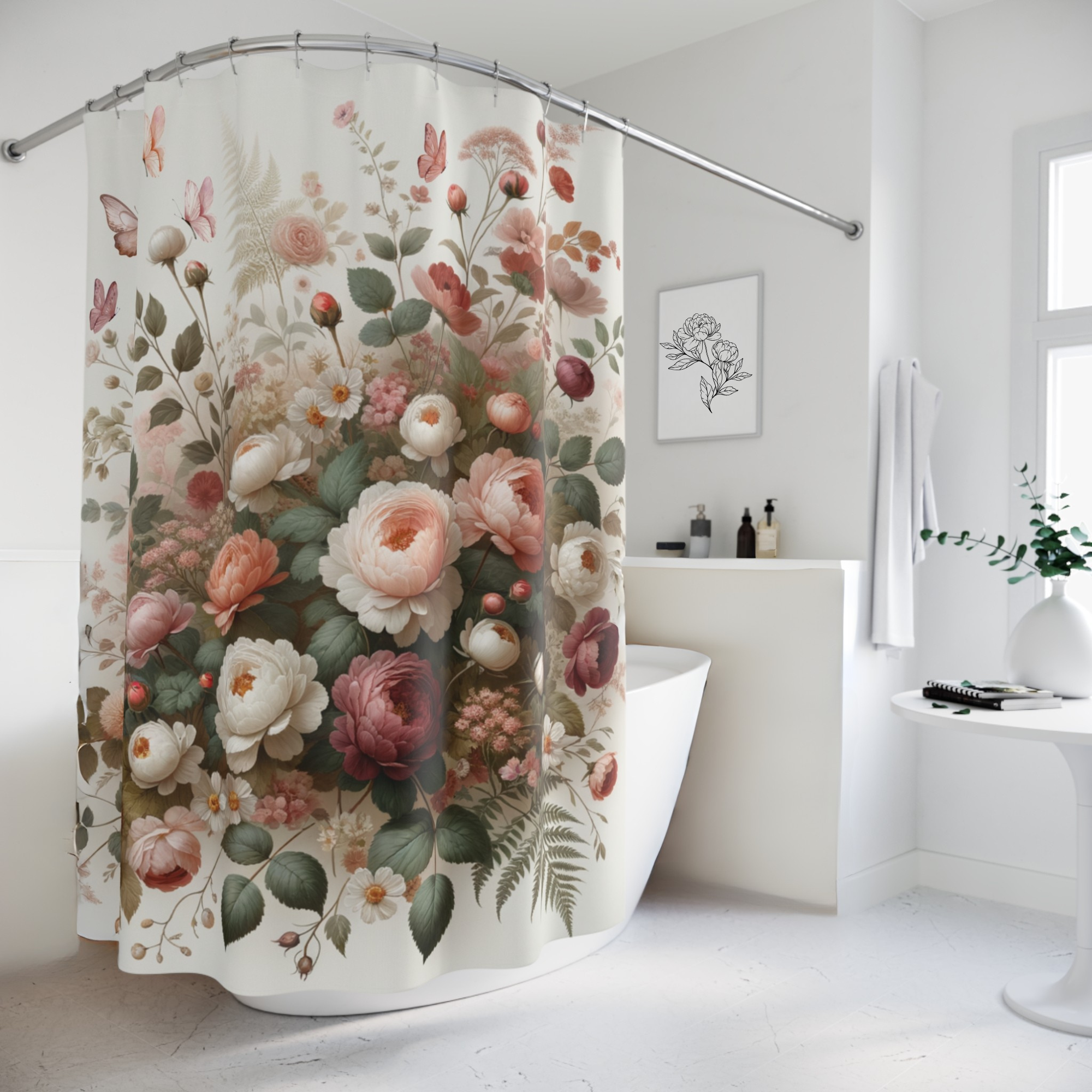 Romantic Floral Garden Shower Curtain, Vintage Botanical Bathroom Décor, Elegant Blush and Cream Peony Shower Art