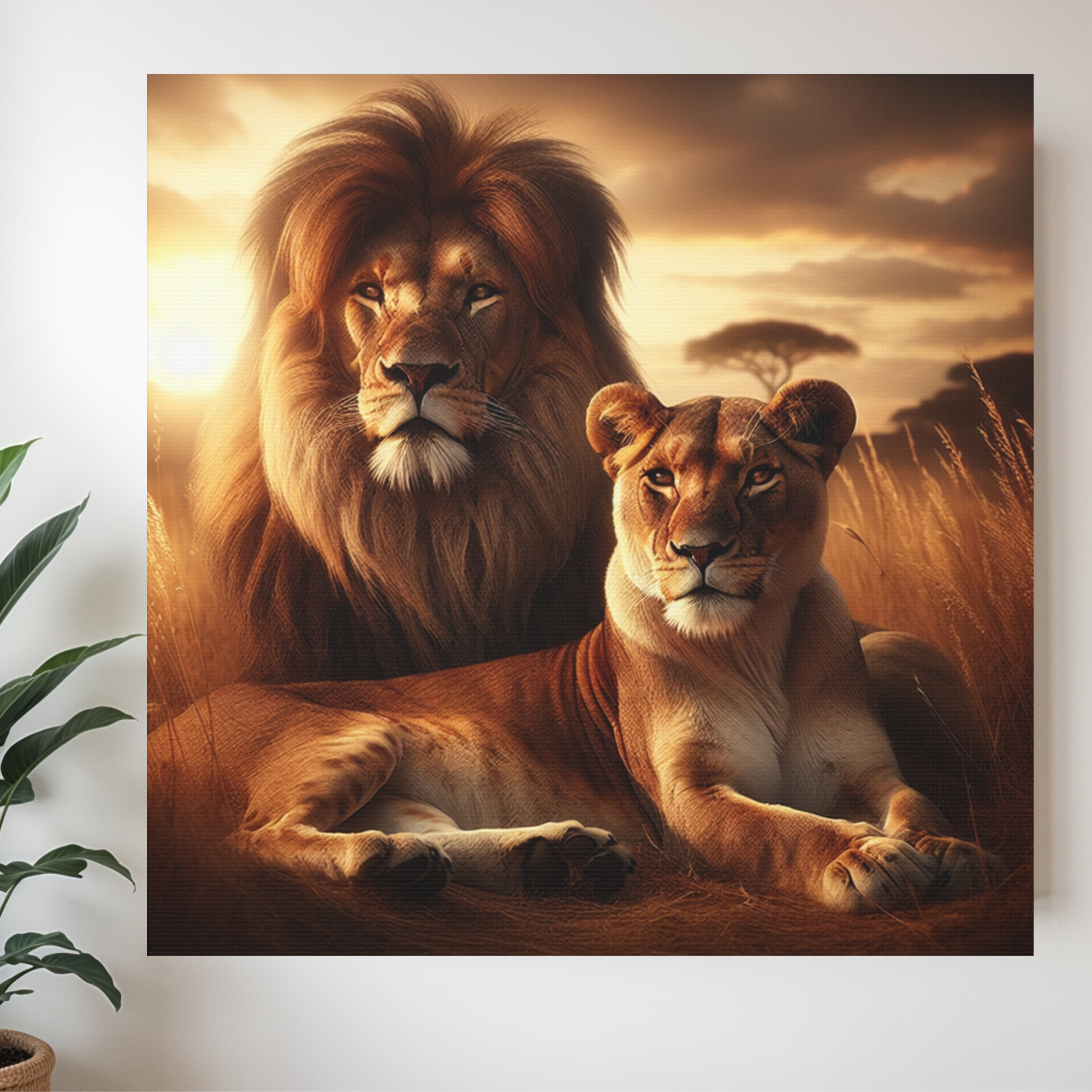 Lion and Lioness in Golden Savanna – Majestic Wildlife Wall Art