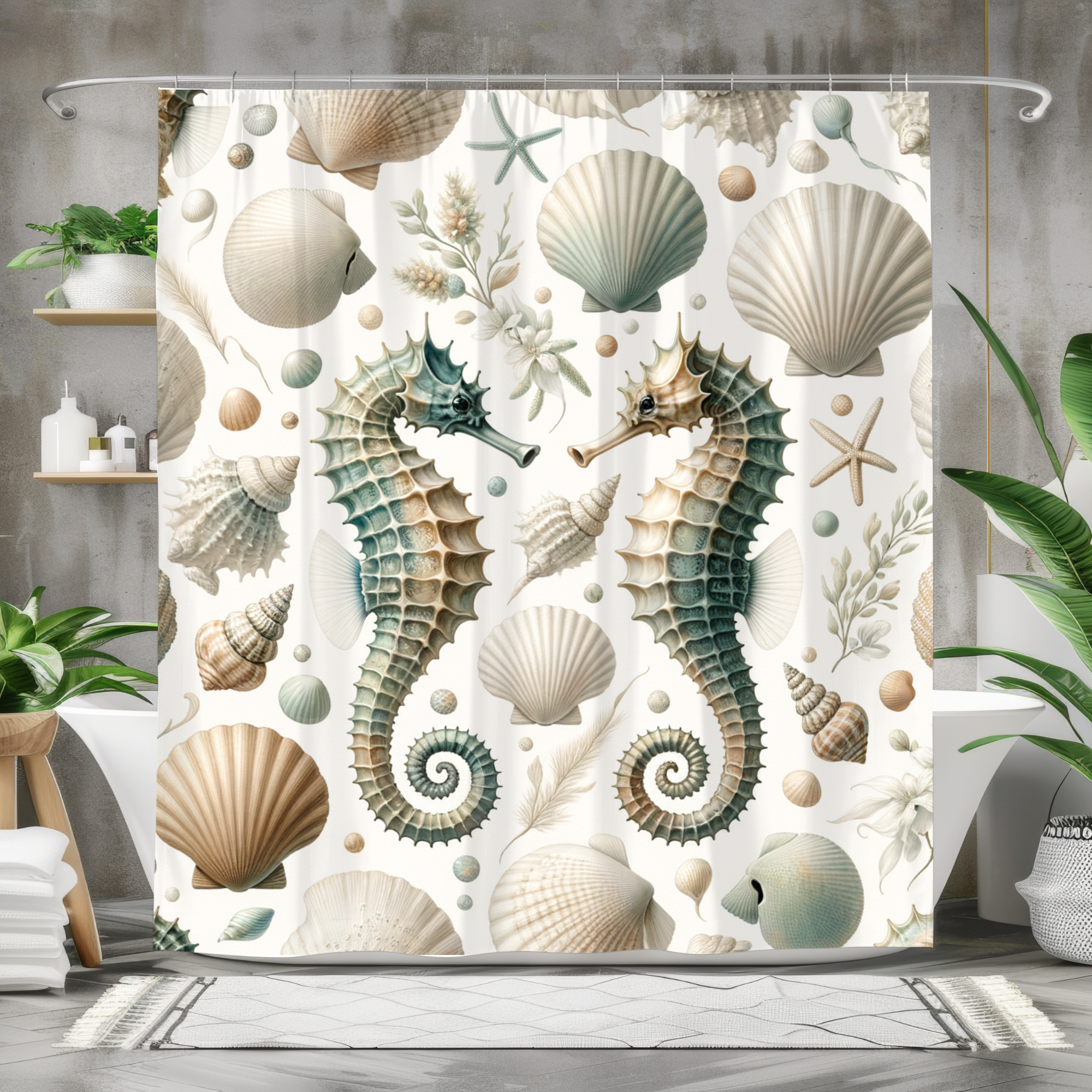 Seahorse Shower Curtain Coastal Shell Bathroom